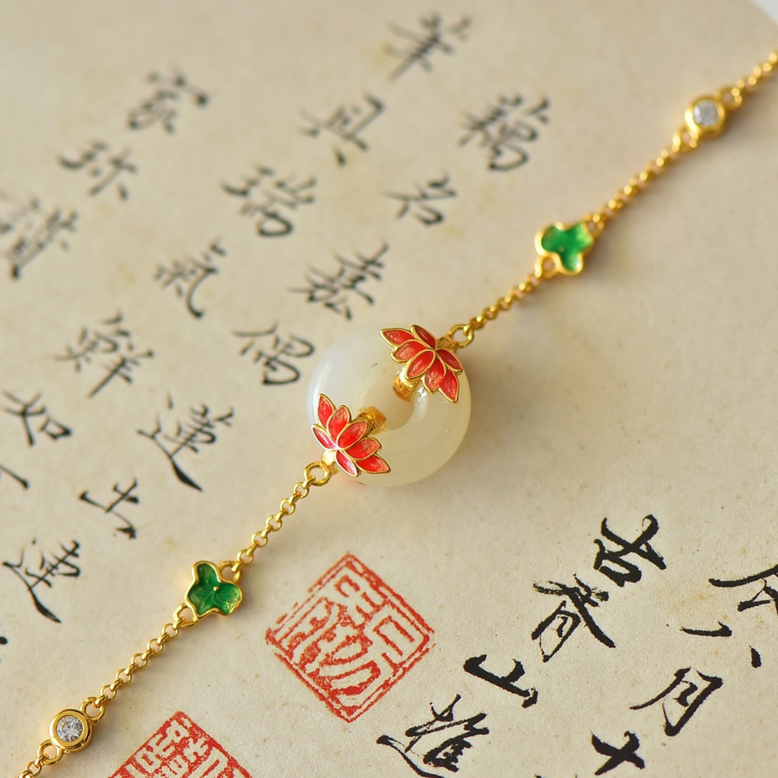 An Exquisite Sterling Silver-Gold Plated Inlaid White Jade Enamel Bracelets - 5