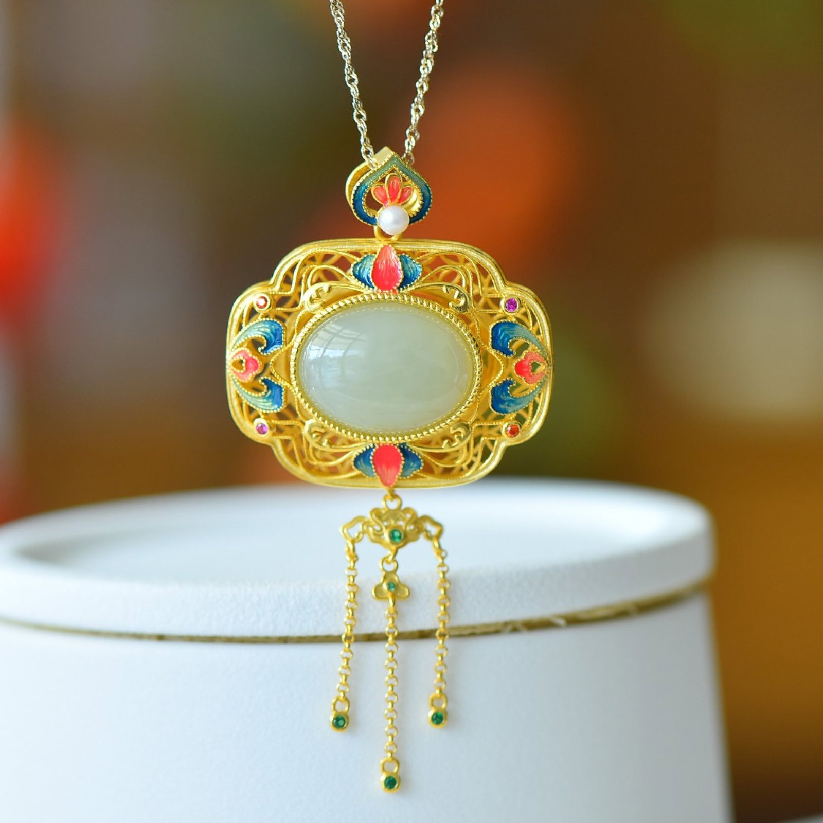 An Exquisite Sterling Silver-Gold Plated Inlaid White Jade Pendant - 2