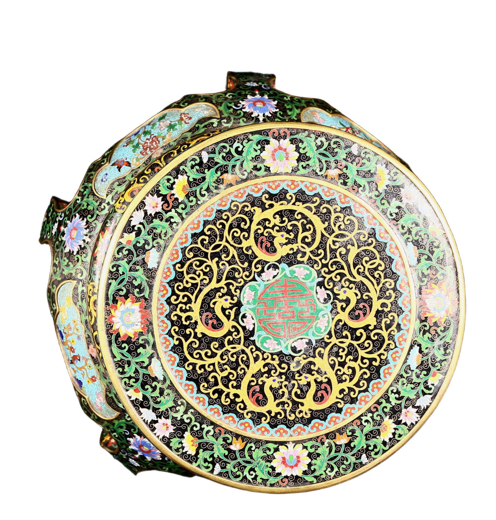 A Pair of Huge Cloisonne Lotus Bats and Peach Pattern Bases - 16