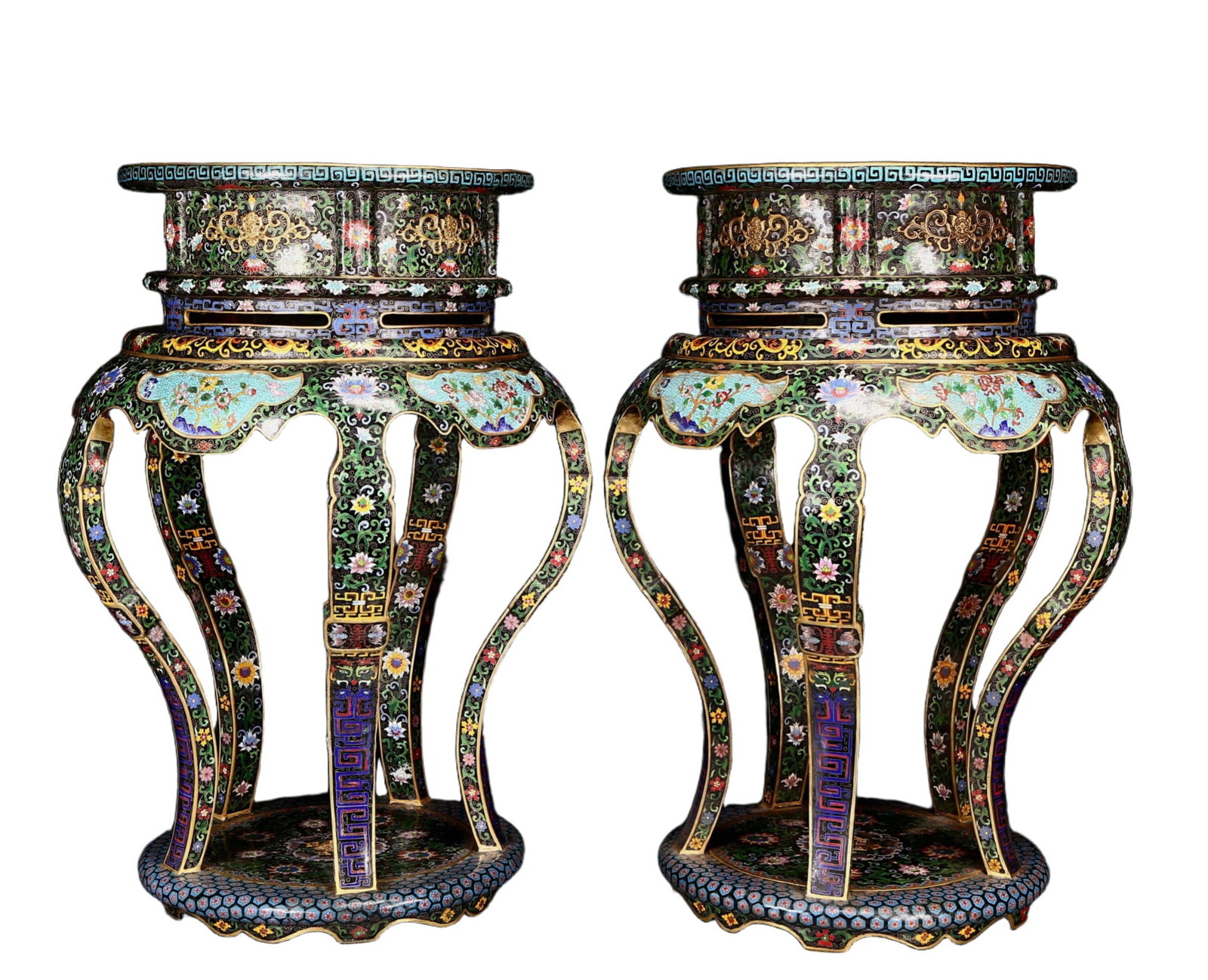 A Pair of Huge Cloisonne Lotus Bats and Peach Pattern Bases: Estimated Value:64000-128000 A Pair of Huge Cloisonne Lotus Bats and Peach Pattern Bases,Qing Dynasty, China,Qianlong Six-character Mark,Size:15.7inx28.3in