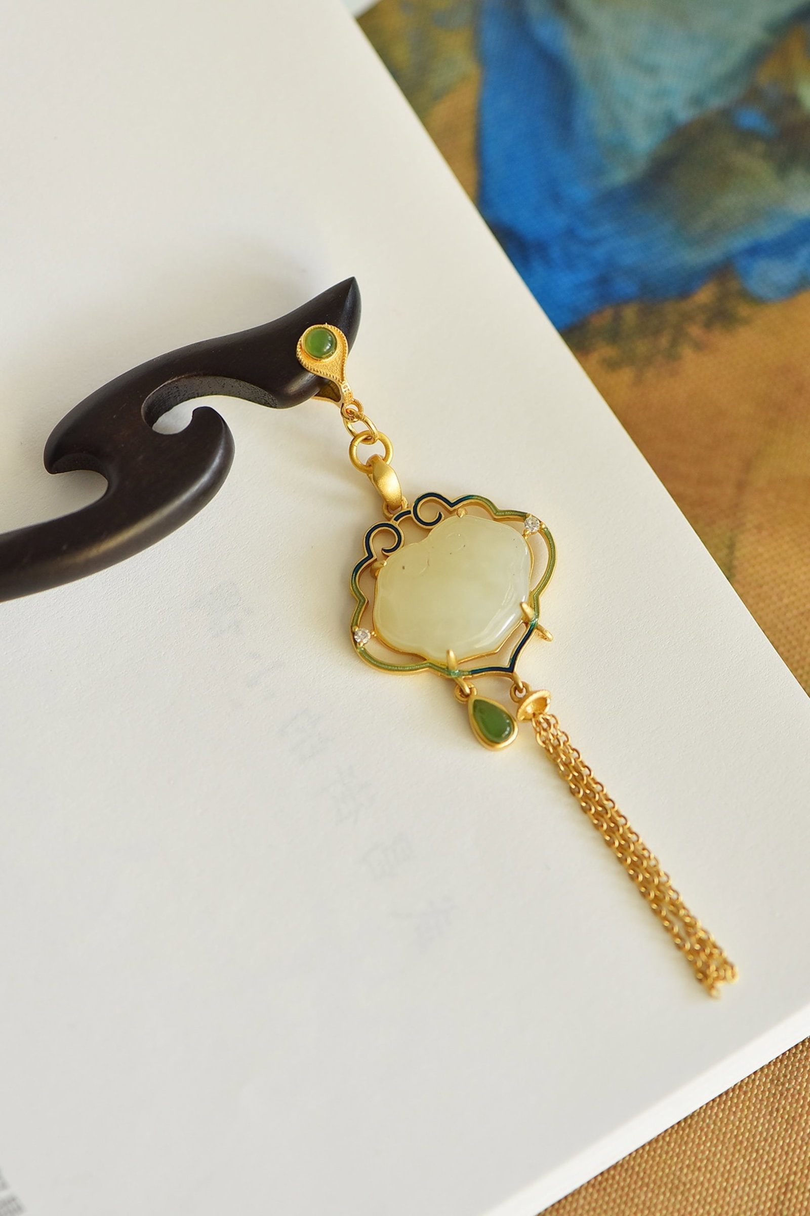 An Exquisite Sterling Silver-Gold Plated Inlaid White Jade Ebony Hairpin - 2