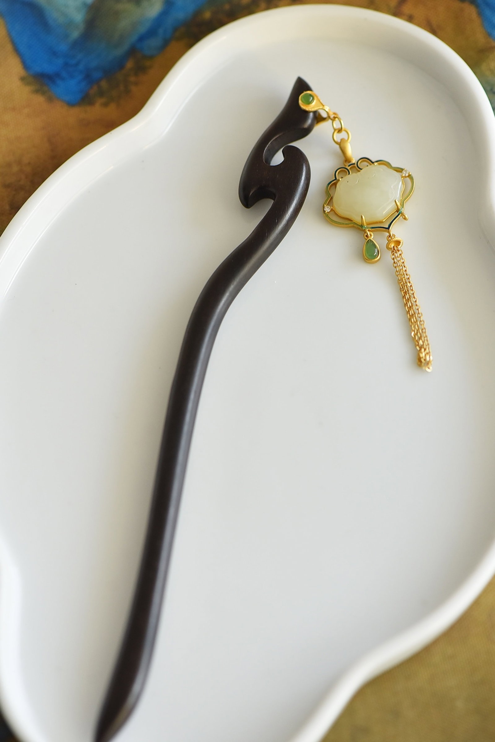 An Exquisite Sterling Silver-Gold Plated Inlaid White Jade Ebony Hairpin - 3