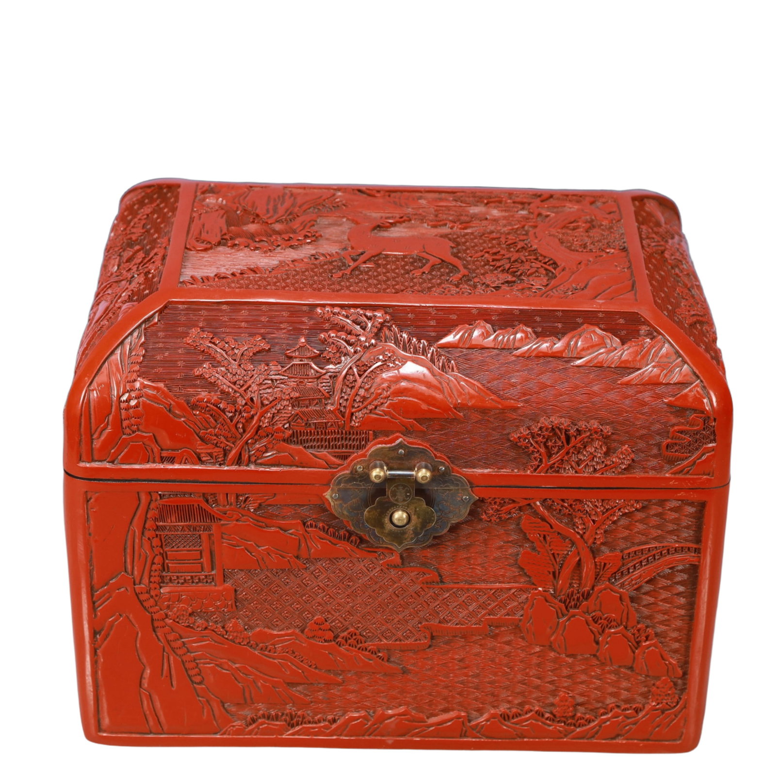 A Rare Carved Red Lacquer Landscape Pattern Box (1 of 8)