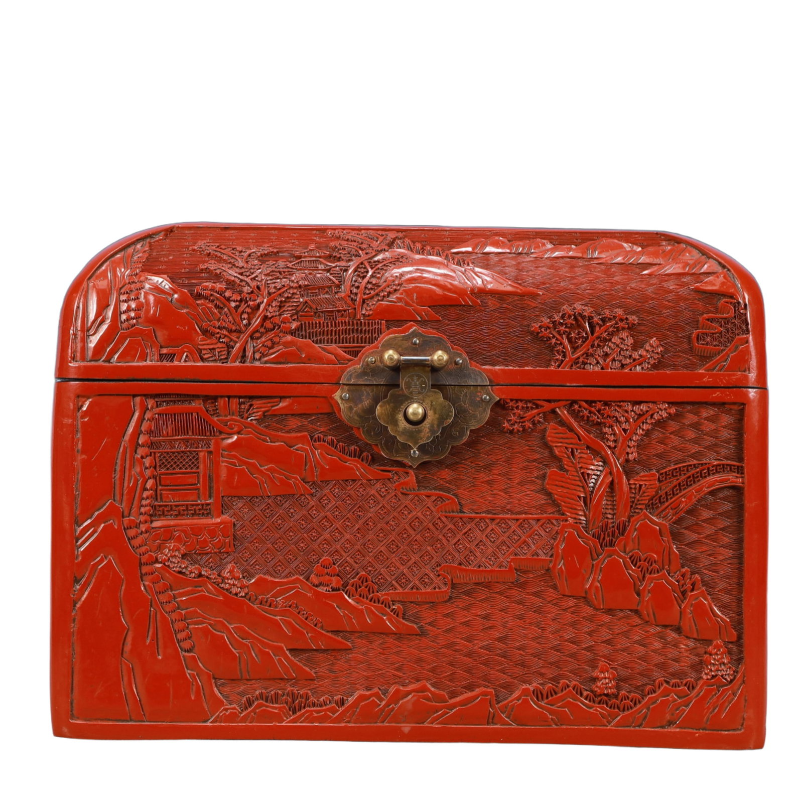 A Rare Carved Red Lacquer Landscape Pattern Box - 2