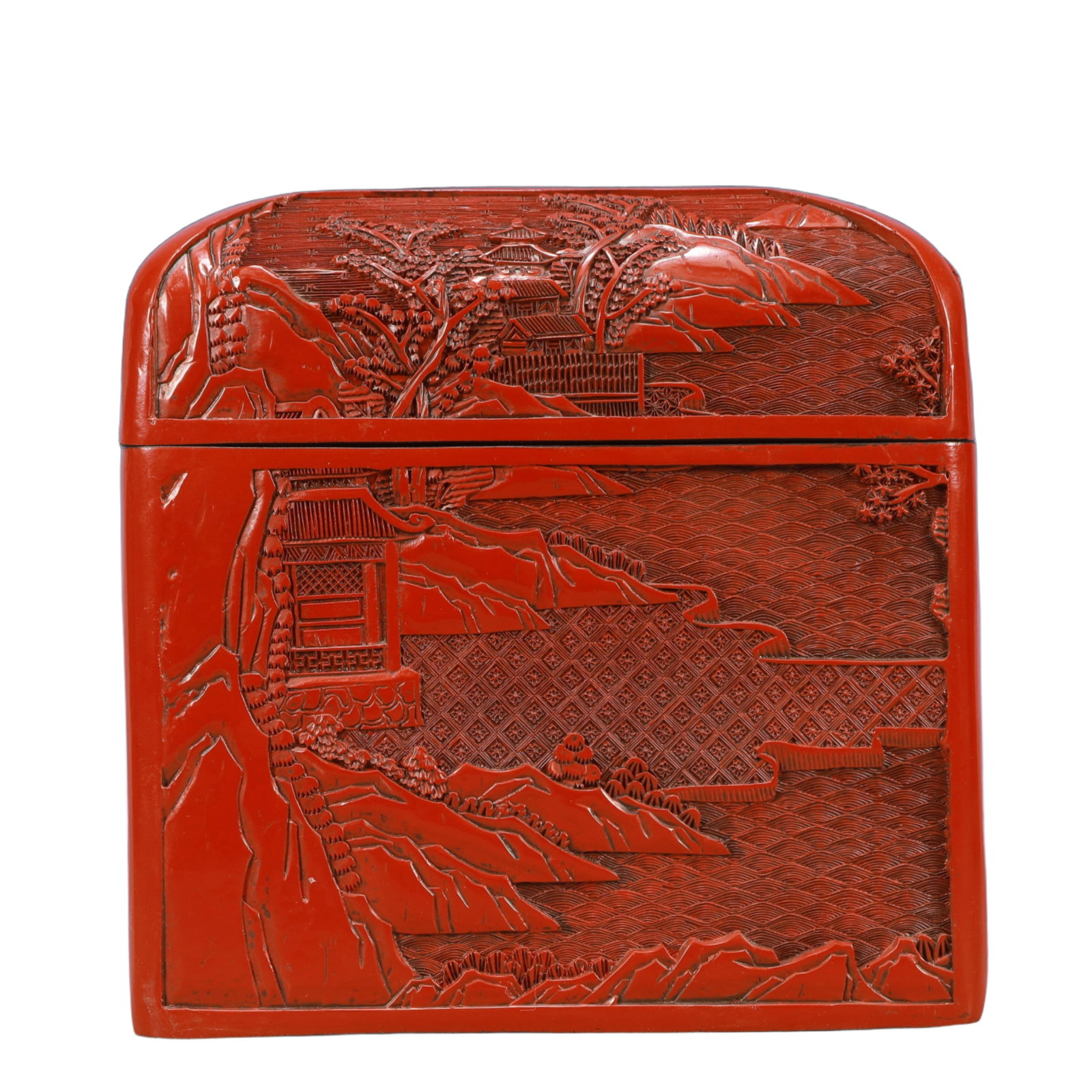 A Rare Carved Red Lacquer Landscape Pattern Box - 3