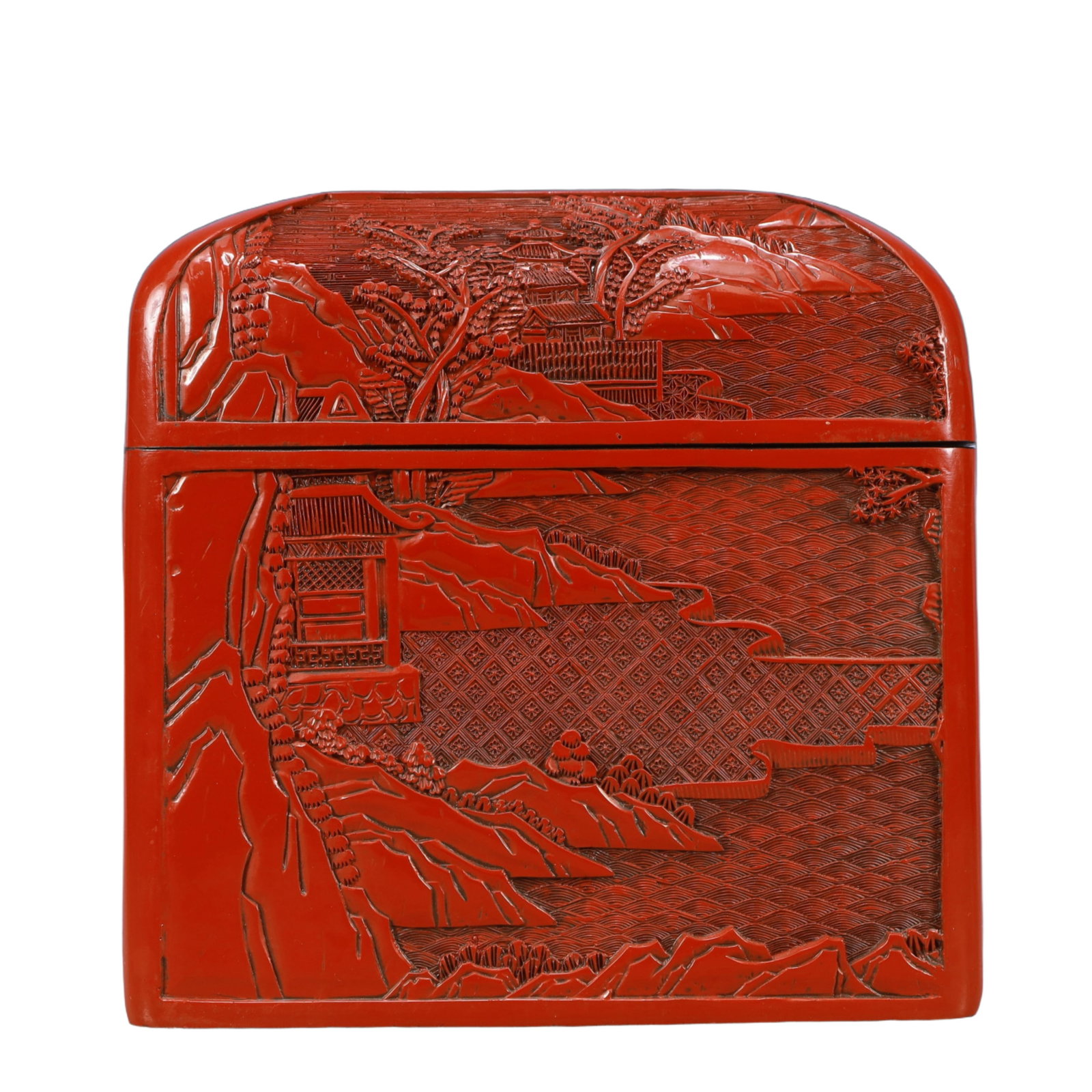 A Rare Carved Red Lacquer Landscape Pattern Box - 5