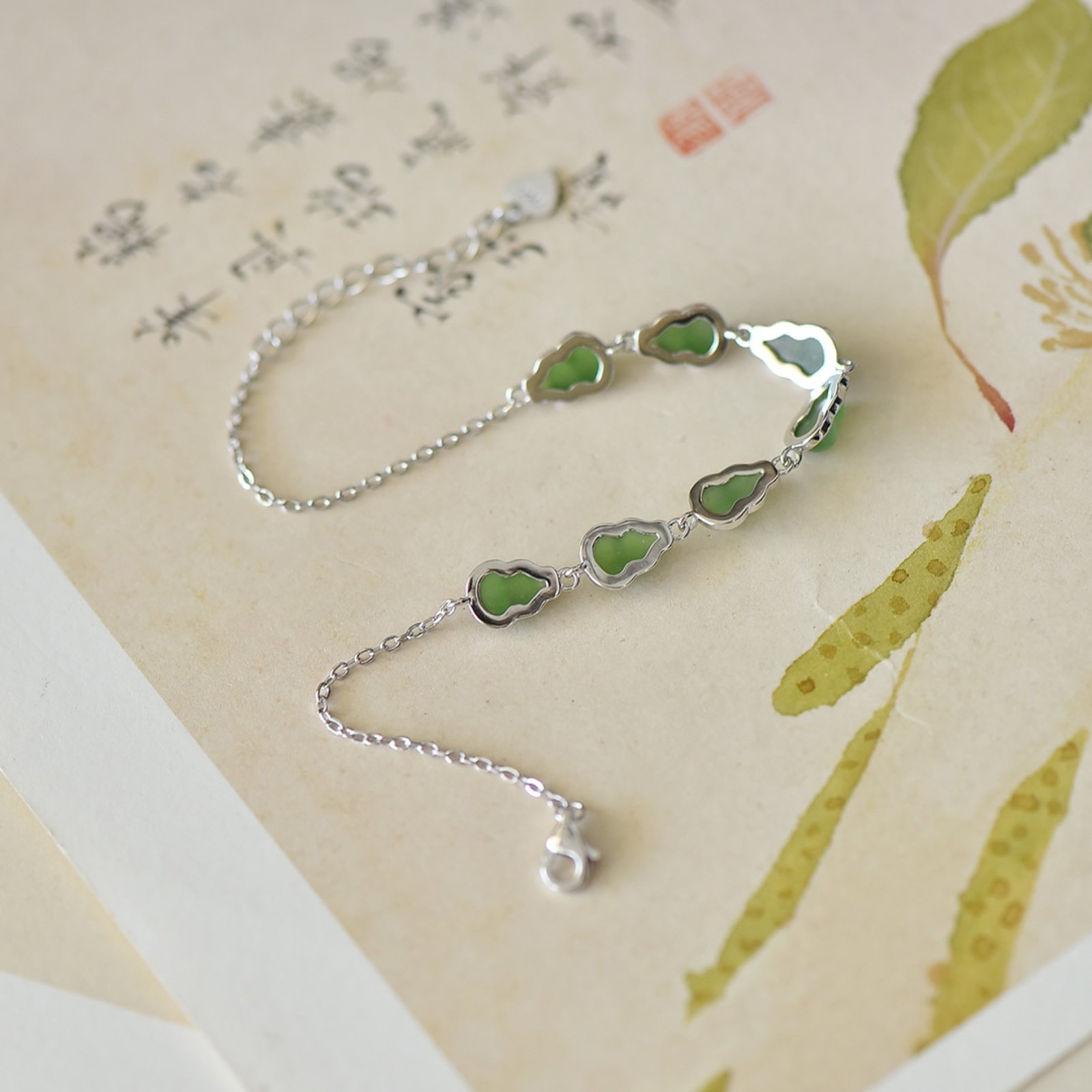An Exquisite Sterling Silver Inlaid Jasper Gourd Bracelets - 5