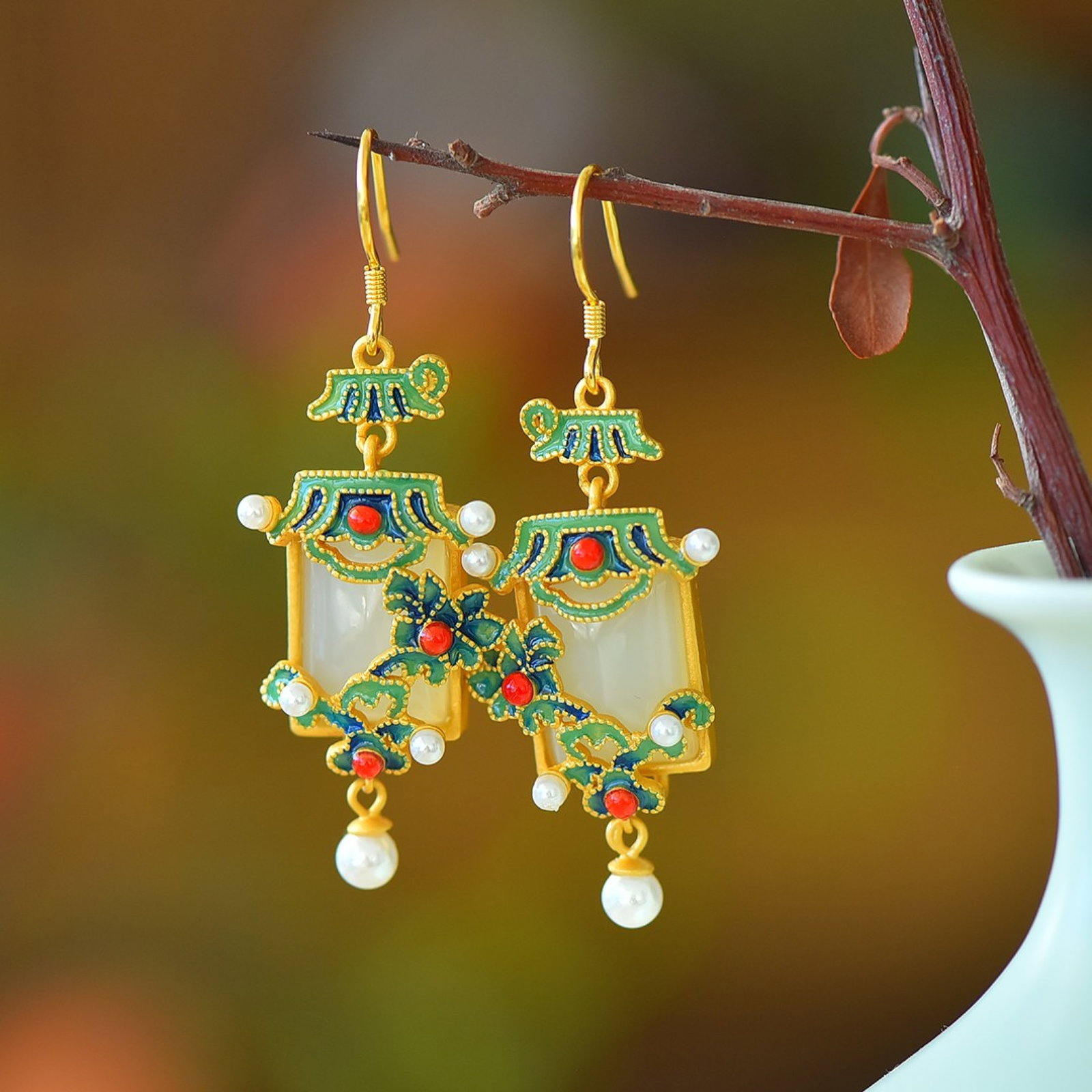 A Pair of Exquisite Sterling Silver-Gold Plated Inlaid White Jade Earrings,Inlaid Pearls - 4