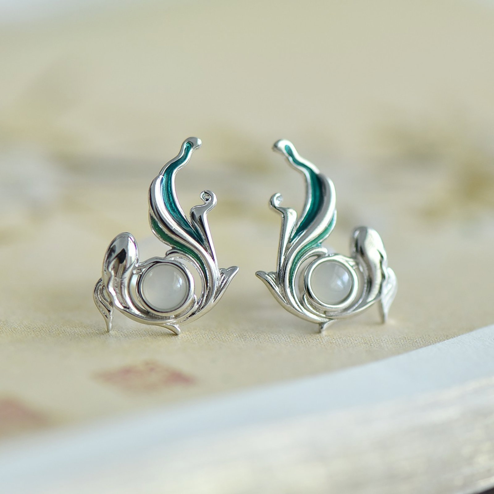 A Set of Fine Sterling Silver Inlaid White Jade Jewelries - 3