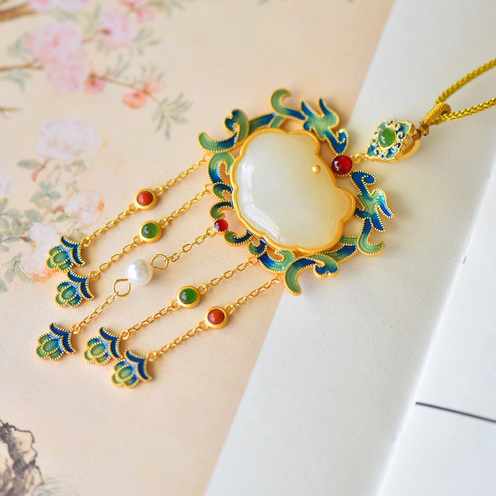 An Exquisite Sterling Silver-Gold Plated Inlaid White Jade Pendant - 2