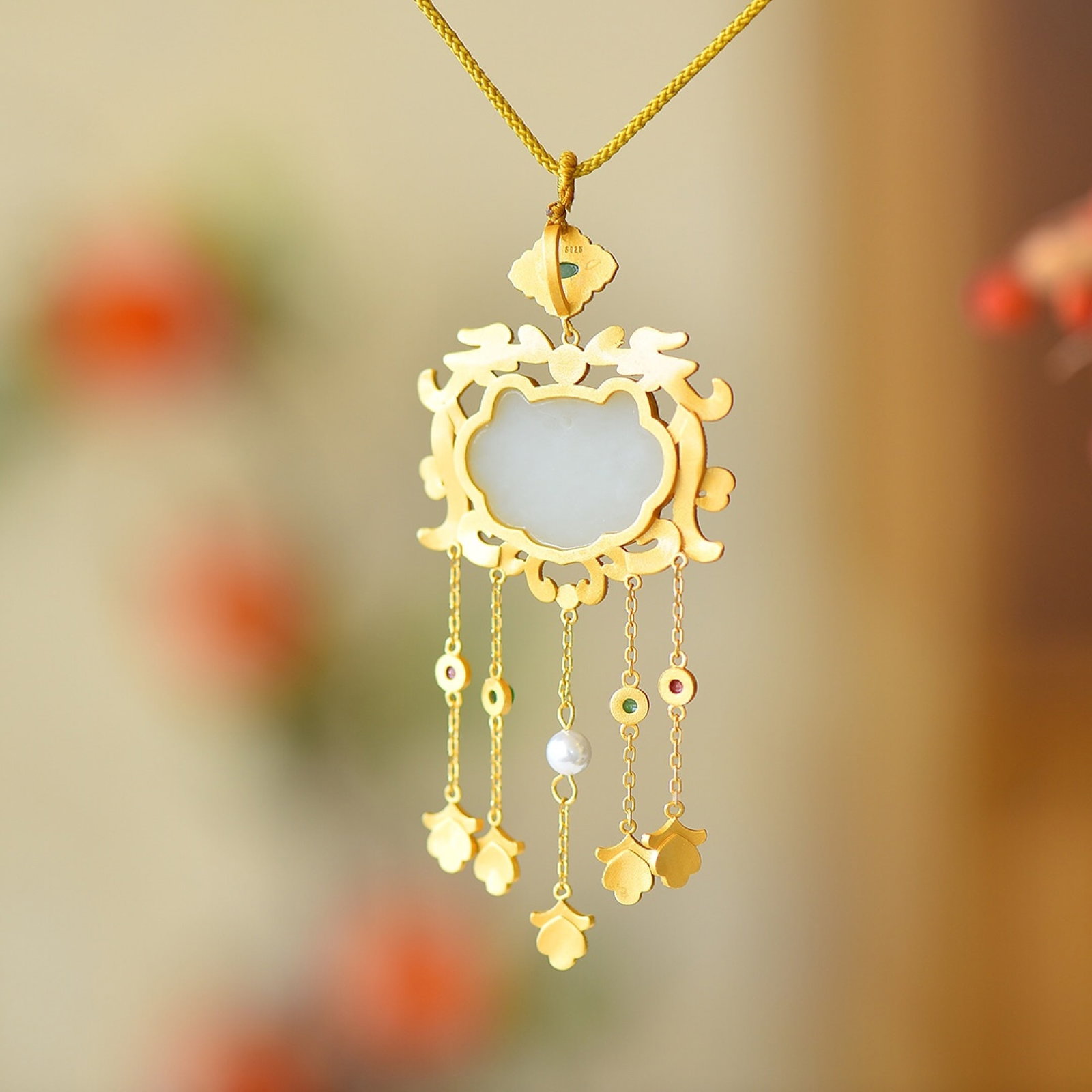 An Exquisite Sterling Silver-Gold Plated Inlaid White Jade Pendant - 5