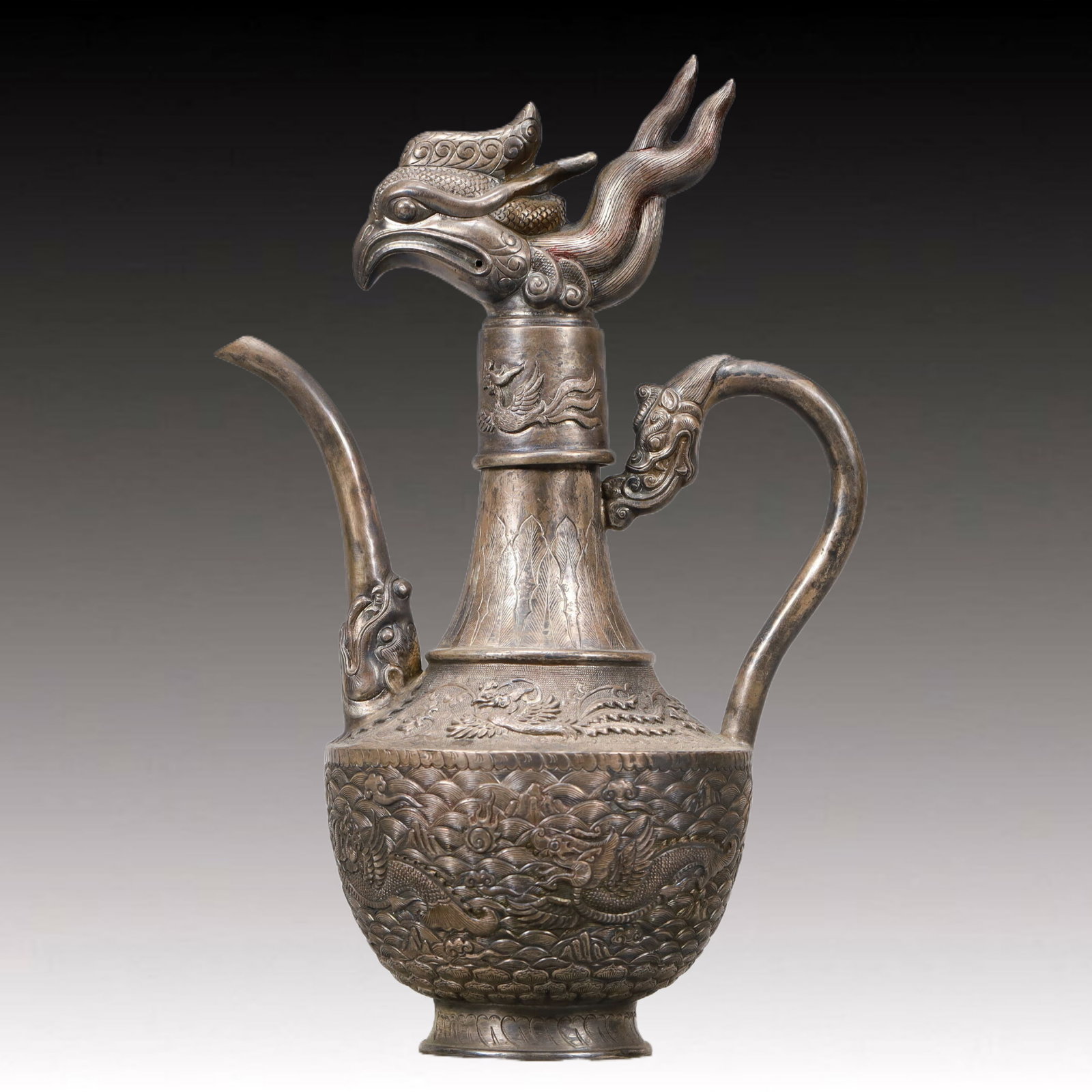A Precious Silver 'Auspicious Beast& Ocean' Ewer - 9