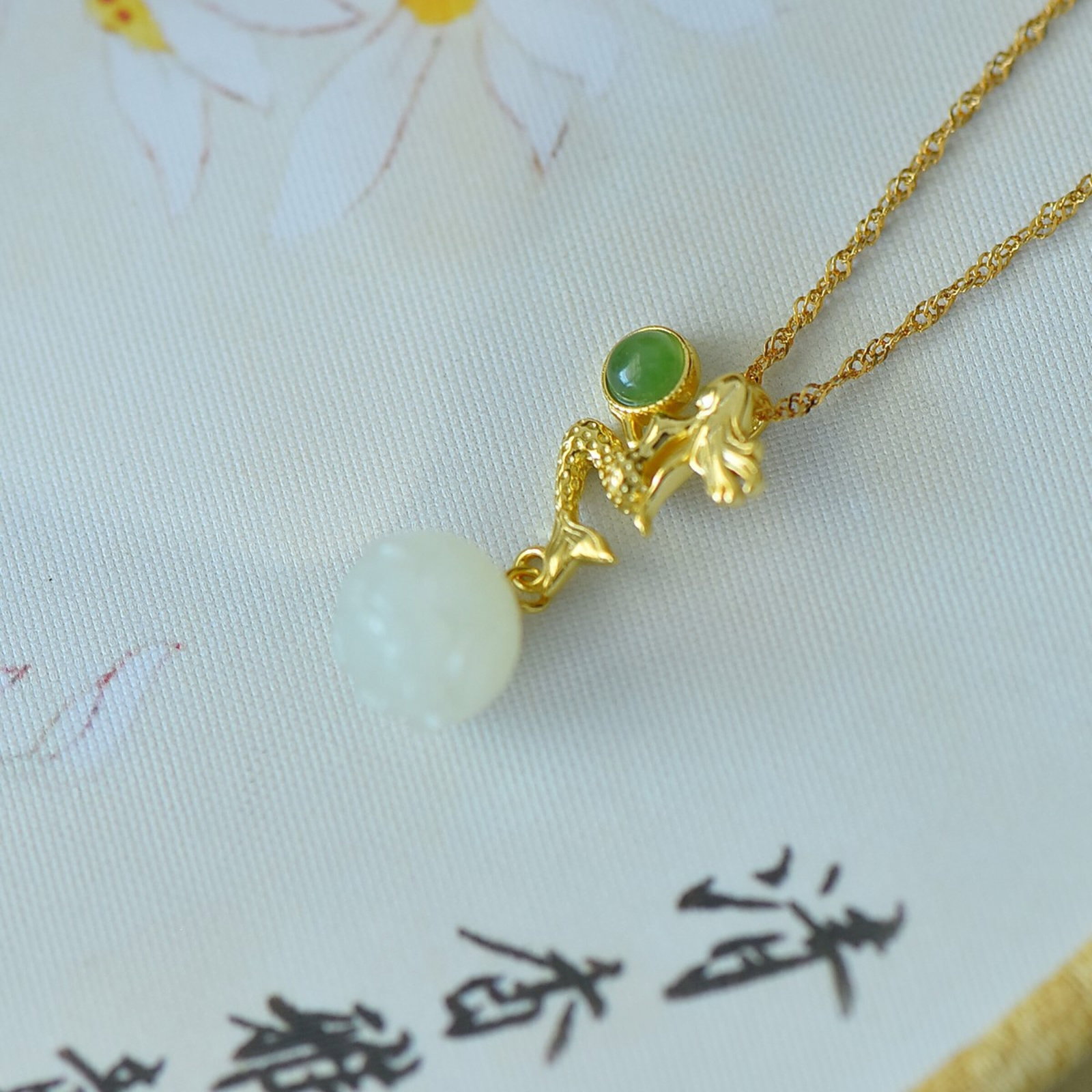 An Exquisite Sterling Silver-Gold Plated Inlaid White Jade Pendant,Inlaid Jasper - 4