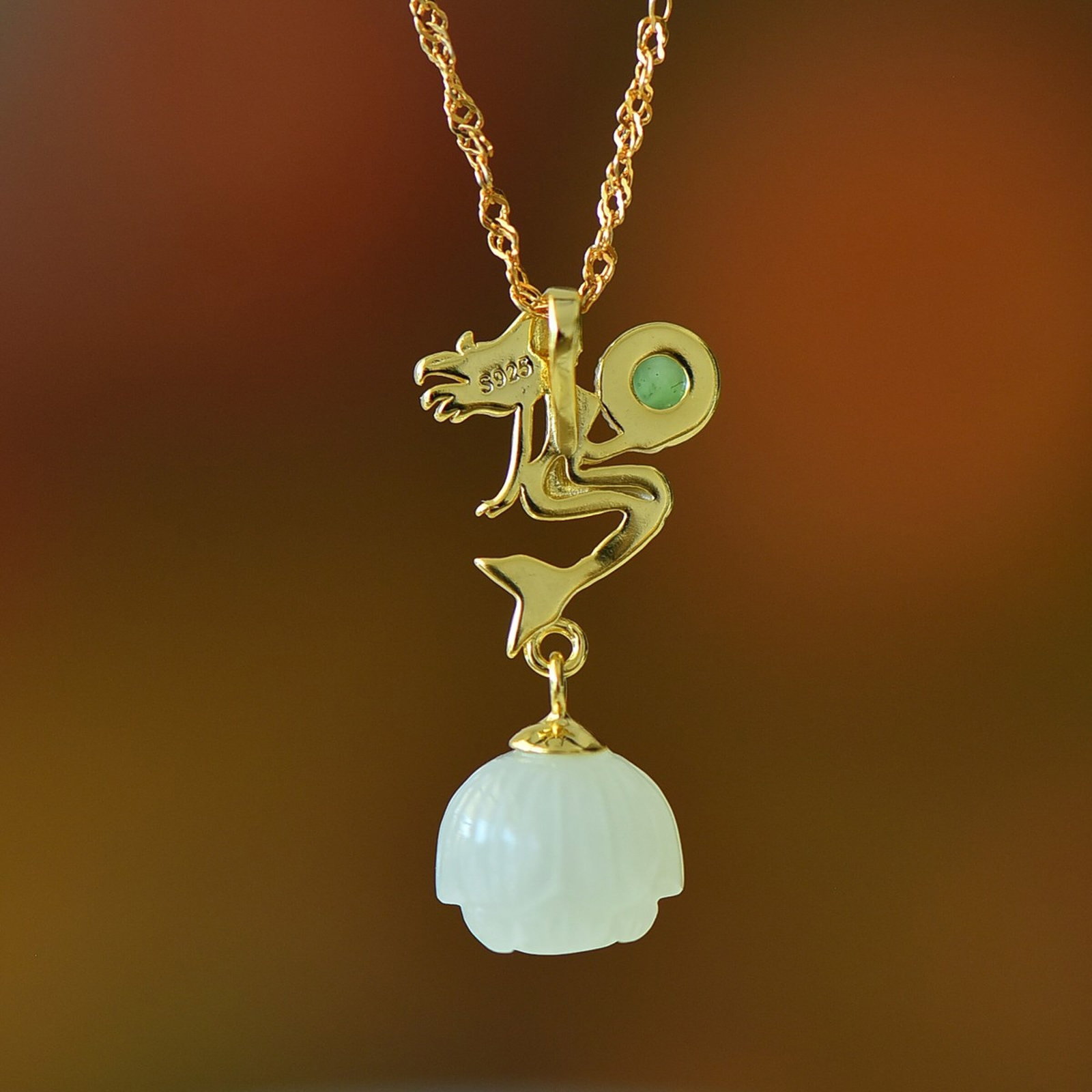 An Exquisite Sterling Silver-Gold Plated Inlaid White Jade Pendant,Inlaid Jasper - 5