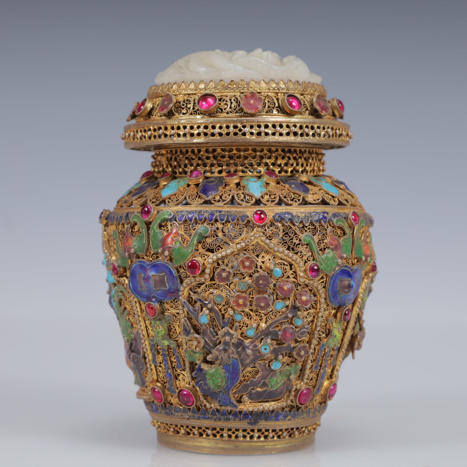 An Exquisite Filigree and Gilding Inlaid White Jade Flower Pattern Vase,Inlaid Gems - 2