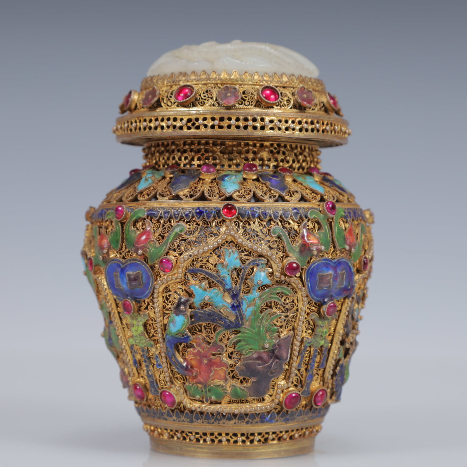 An Exquisite Filigree and Gilding Inlaid White Jade Flower Pattern Vase,Inlaid Gems - 3