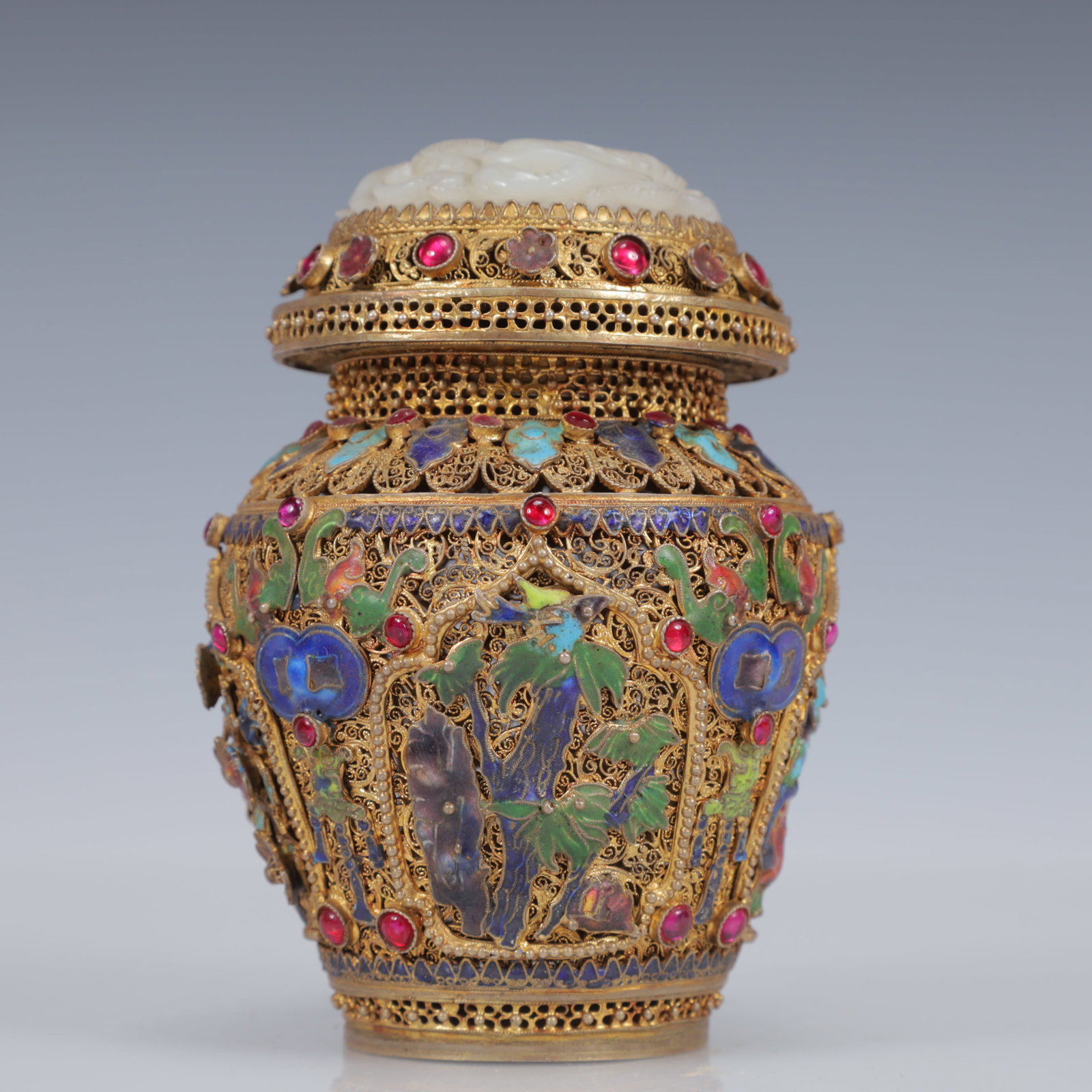 An Exquisite Filigree and Gilding Inlaid White Jade Flower Pattern Vase,Inlaid Gems - 4