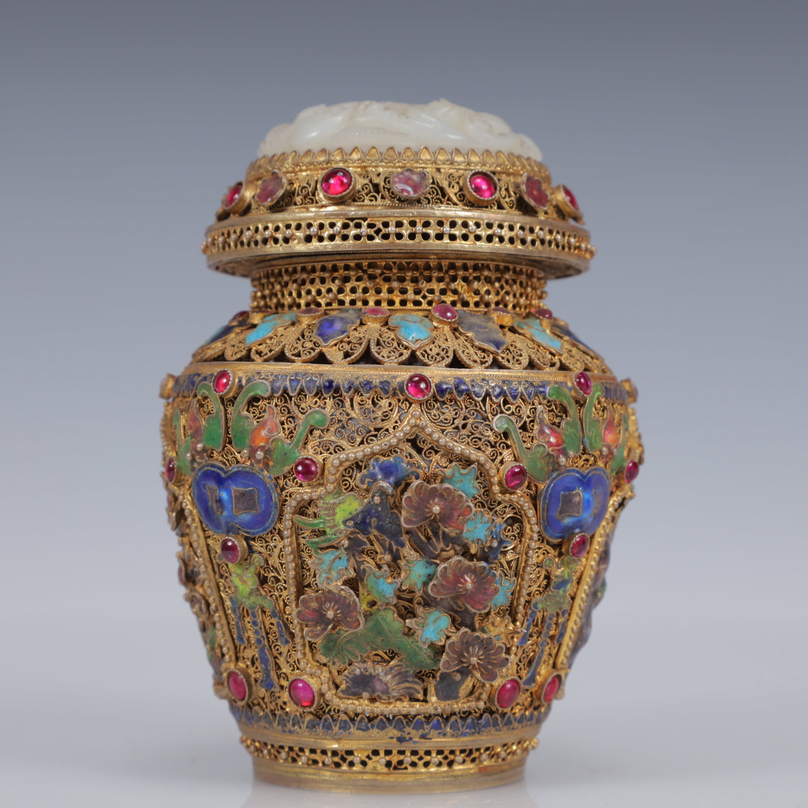 An Exquisite Filigree and Gilding Inlaid White Jade Flower Pattern Vase,Inlaid Gems - 5