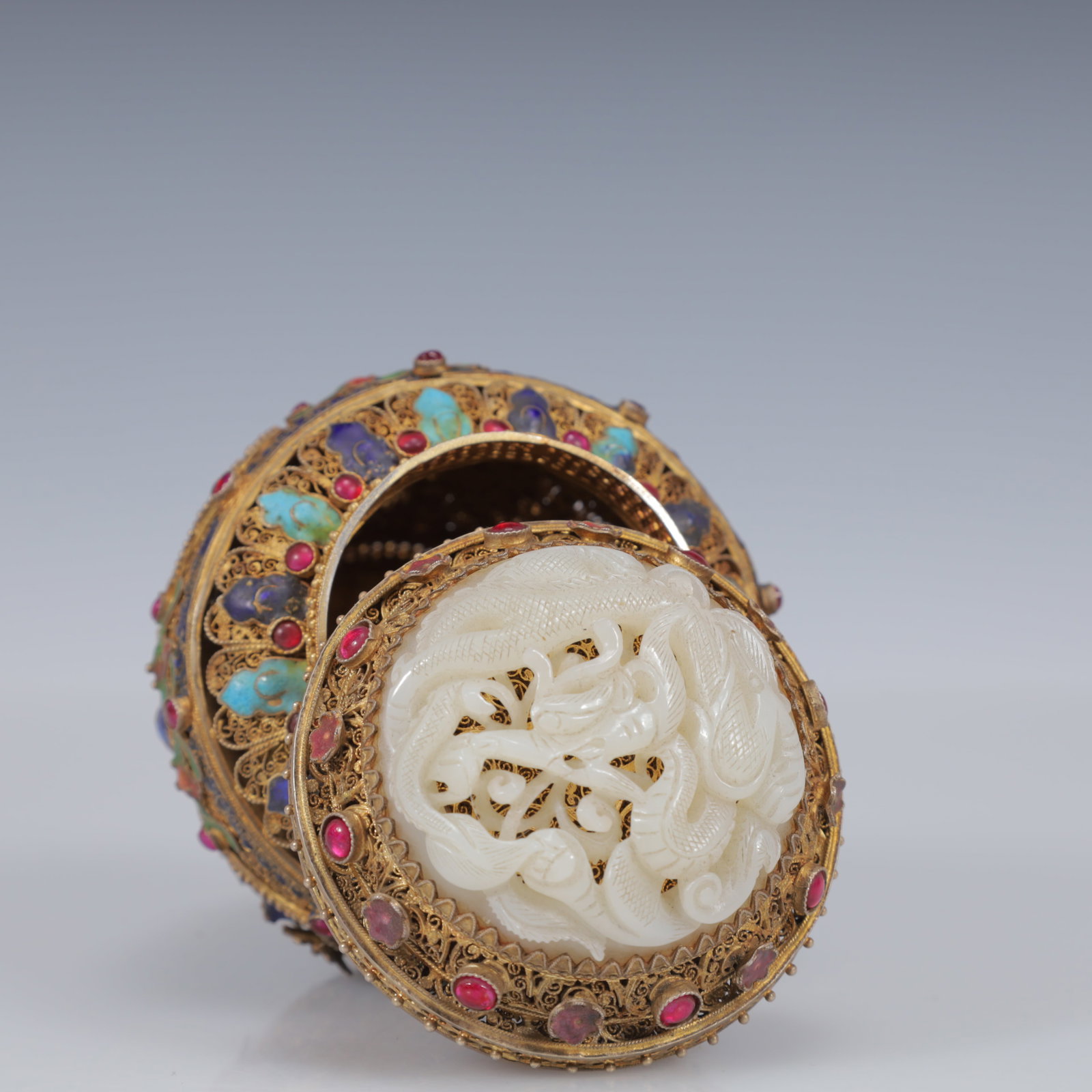 An Exquisite Filigree and Gilding Inlaid White Jade Flower Pattern Vase,Inlaid Gems - 6