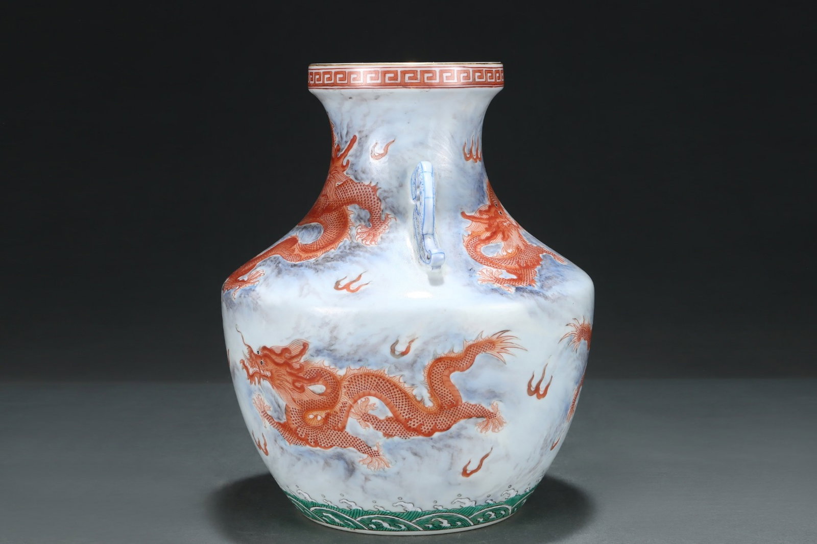 An Exquisite Ink Color Iron-Red Painted Gold Seawater Dragon Pattern Double-Ears Vase,With Vertical - 2