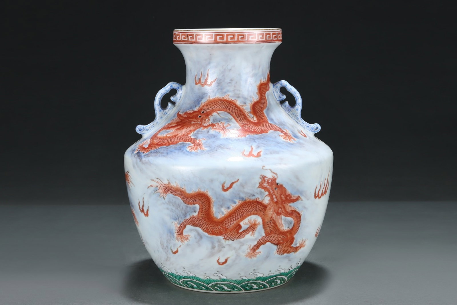 An Exquisite Ink Color Iron-Red Painted Gold Seawater Dragon Pattern Double-Ears Vase,With Vertical - 3