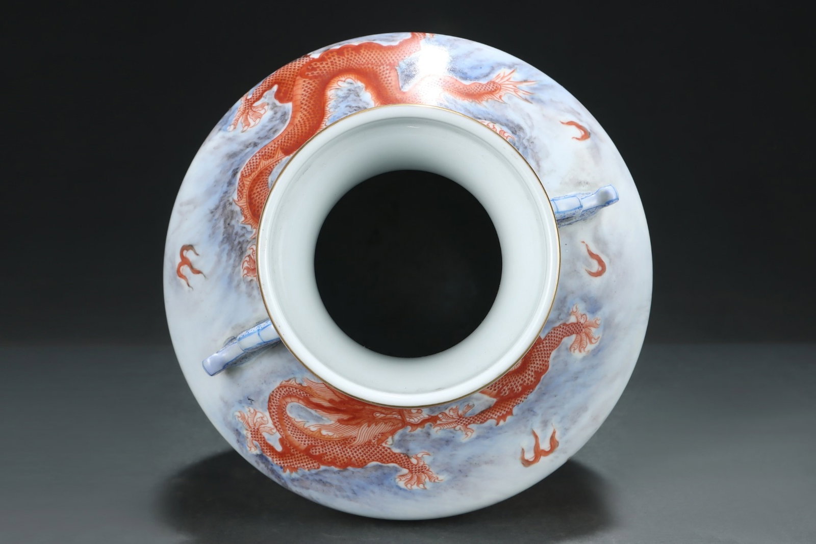 An Exquisite Ink Color Iron-Red Painted Gold Seawater Dragon Pattern Double-Ears Vase,With Vertical - 4