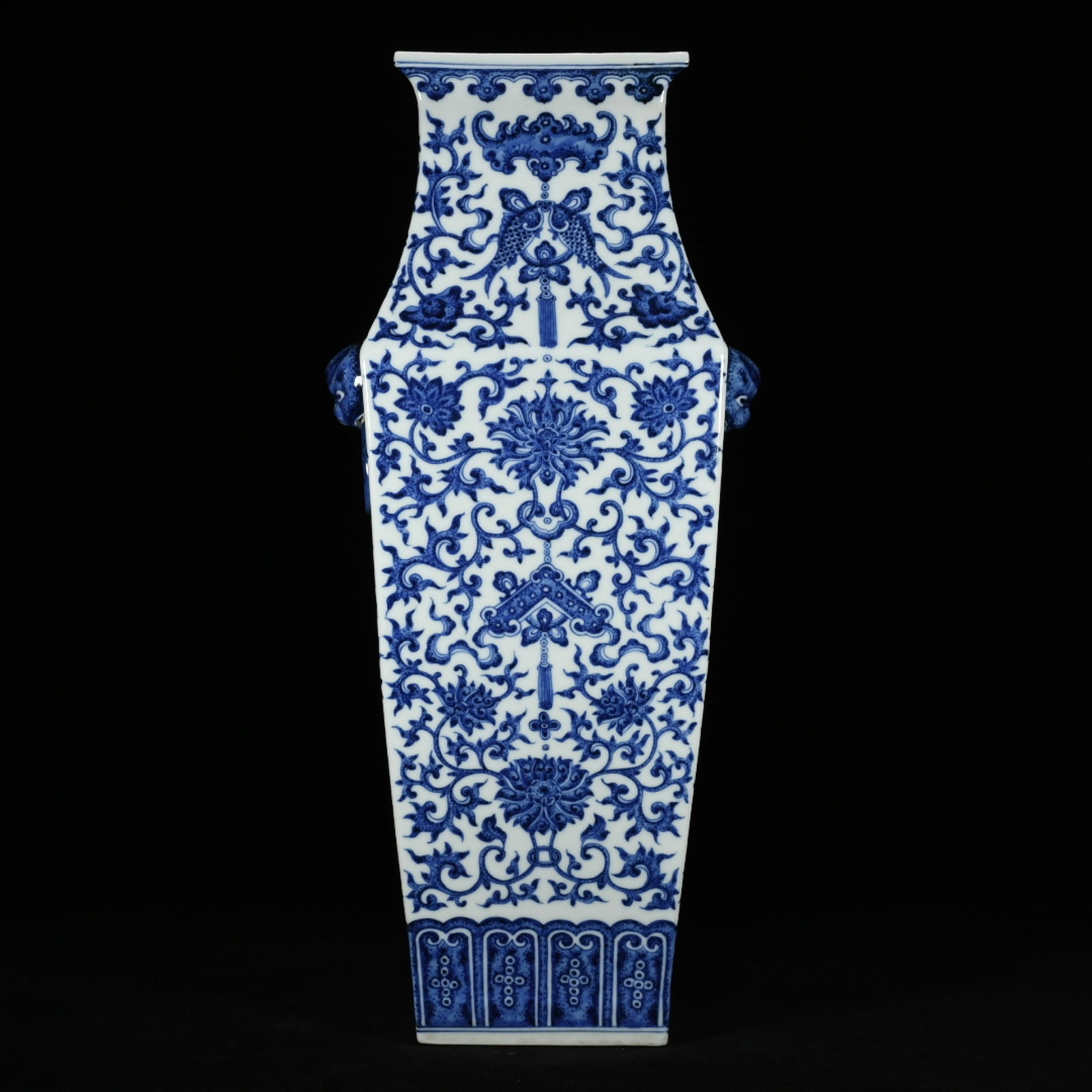 A Huge Guan yao Blue and White Lotus and Bats Pattern Beast-Ears Vase: Estimated Value:3600-7500 A Huge Guan yao Blue and White Lotus and Bats Pattern Beast-Ears Vase,Qing Dynasty,China,Qianlong Six-character Mark,Size:15.7inx7.9in