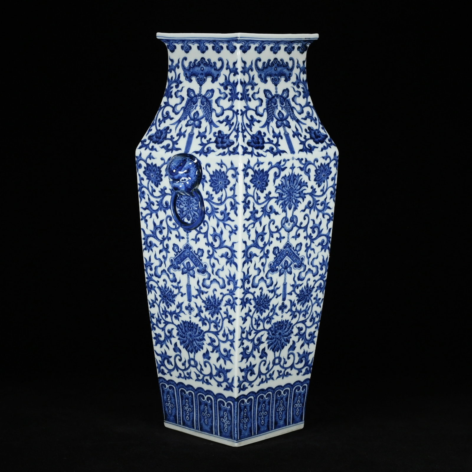 A Huge Guan yao Blue and White Lotus and Bats Pattern Beast-Ears Vase - 2