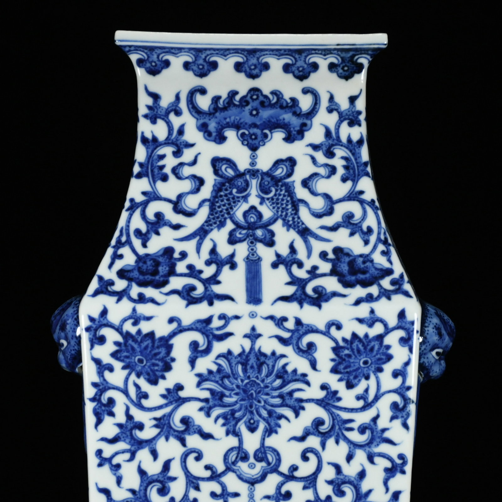 A Huge Guan yao Blue and White Lotus and Bats Pattern Beast-Ears Vase - 4