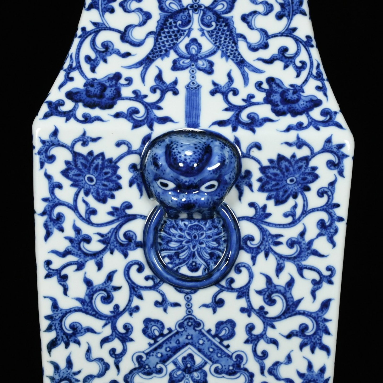 A Huge Guan yao Blue and White Lotus and Bats Pattern Beast-Ears Vase - 6