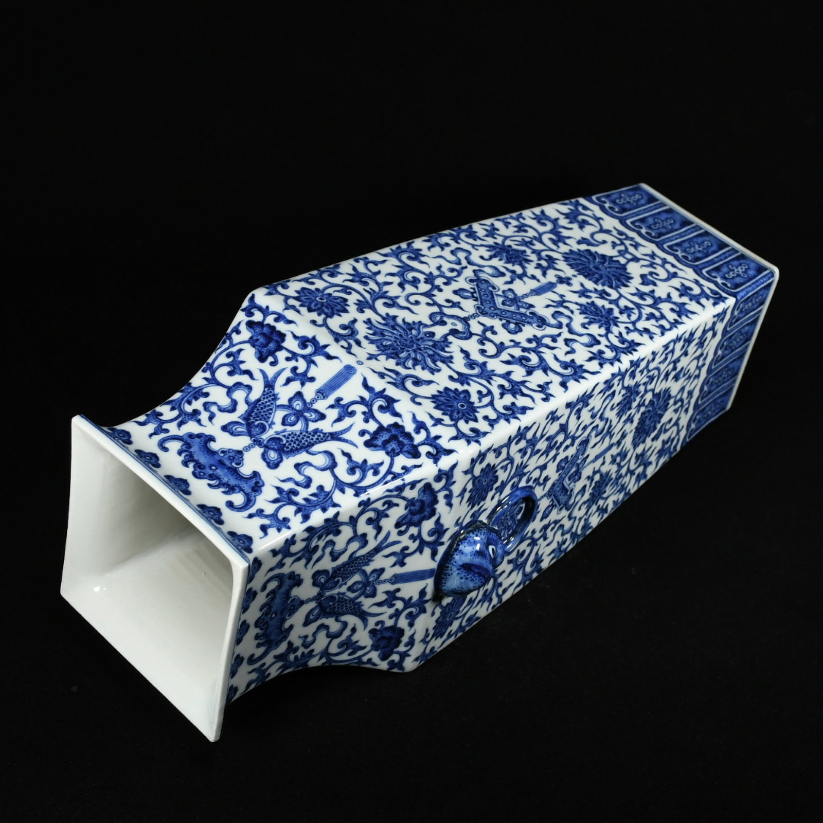 A Huge Guan yao Blue and White Lotus and Bats Pattern Beast-Ears Vase - 7