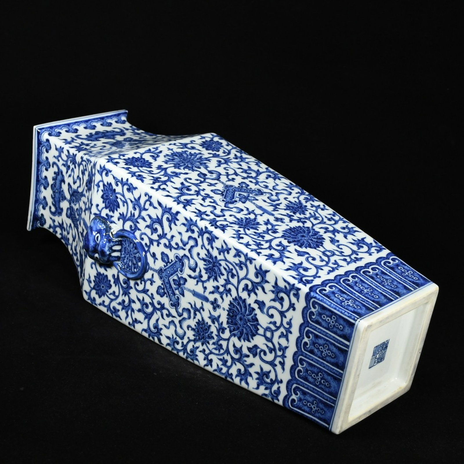 A Huge Guan yao Blue and White Lotus and Bats Pattern Beast-Ears Vase - 8