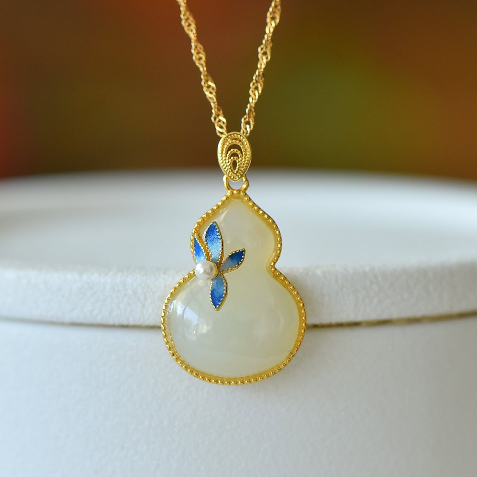 An Exquisite Sterling Silver-Gold Plated Inlaid White Jade Pendant - 2