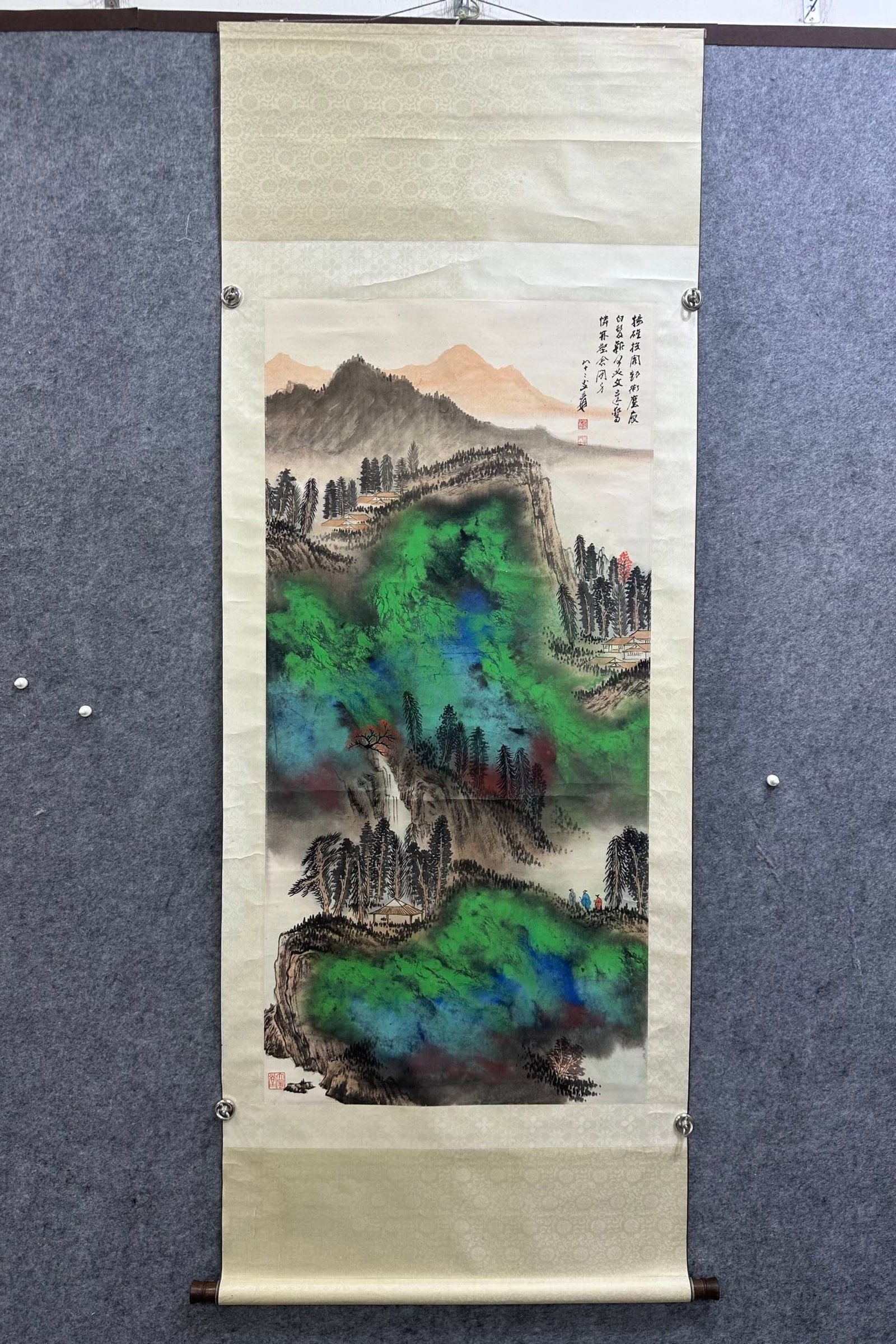 A Chinese Vertical Scroll Ink Painting of Landscape and Figure on Paper,Zhang Daqian: Estimated Value:2400-4800 A Chinese Vertical Scroll Ink Painting of Landscape and Figure on Paper,Zhang Daqian,Size:(Without frame)26inx54.3in 一幅中国水墨山&