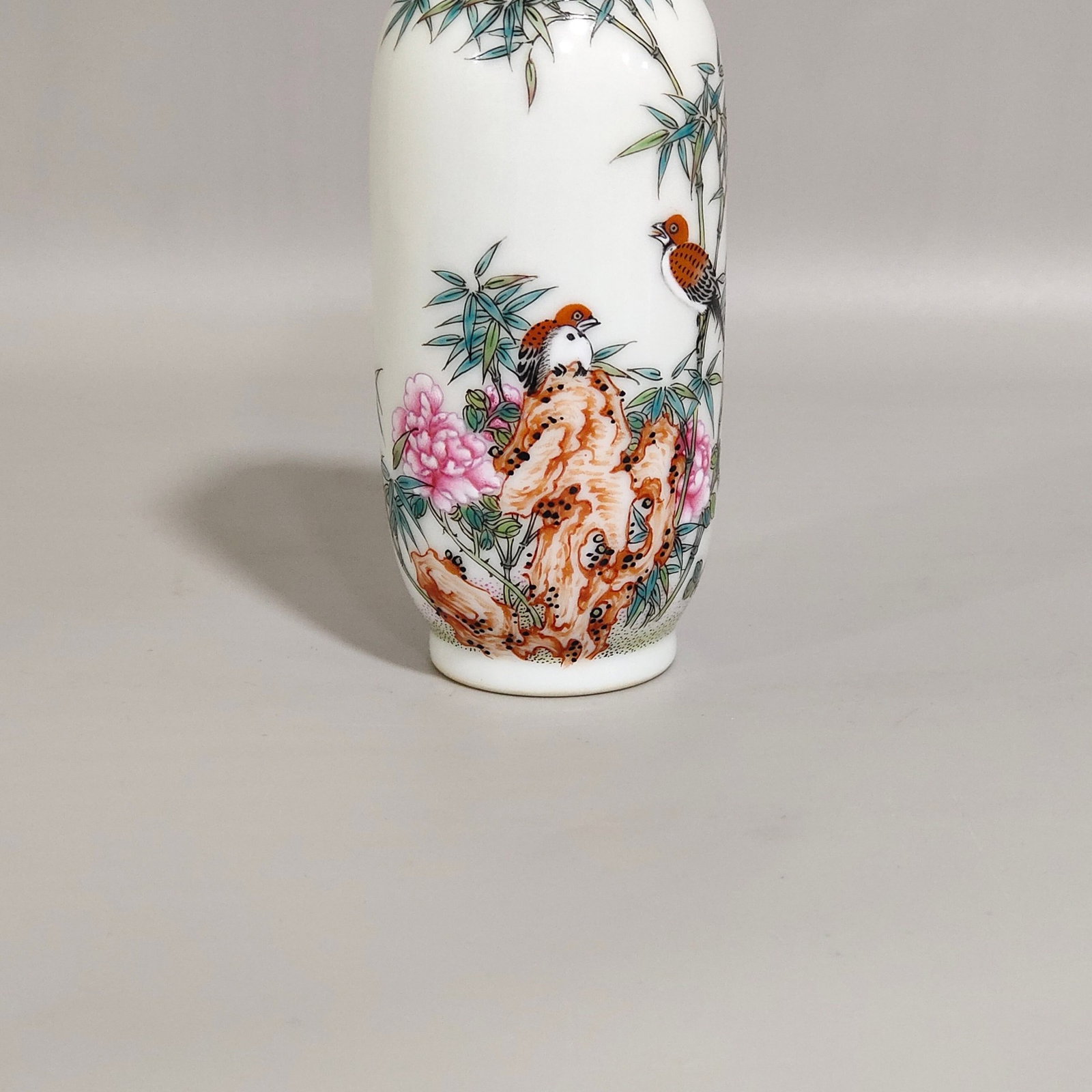 An Exquisite Famille-Rose Painted Gold Bamboo and Bird Pattern Snuff Bottle,With Poem - 6