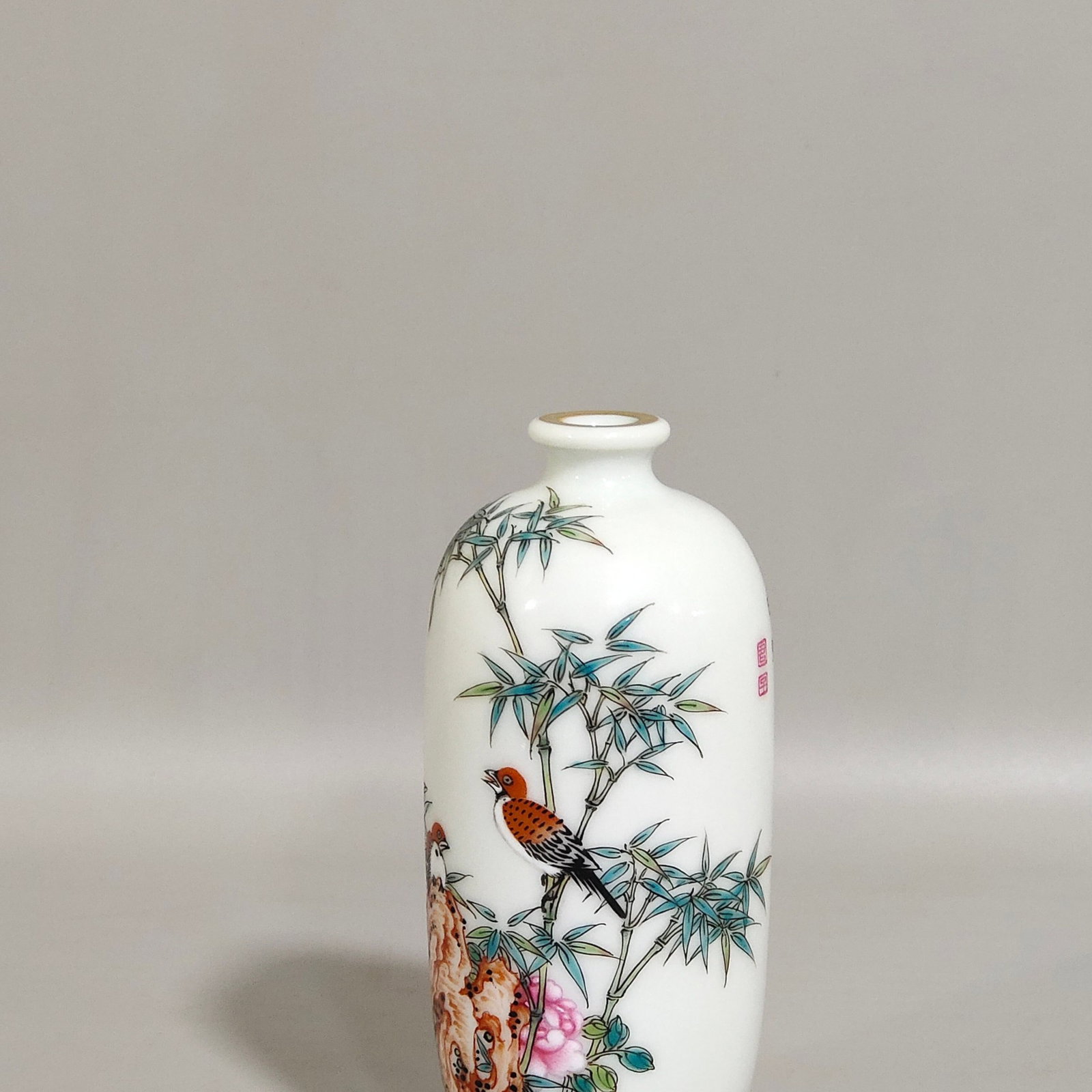 An Exquisite Famille-Rose Painted Gold Bamboo and Bird Pattern Snuff Bottle,With Poem - 7