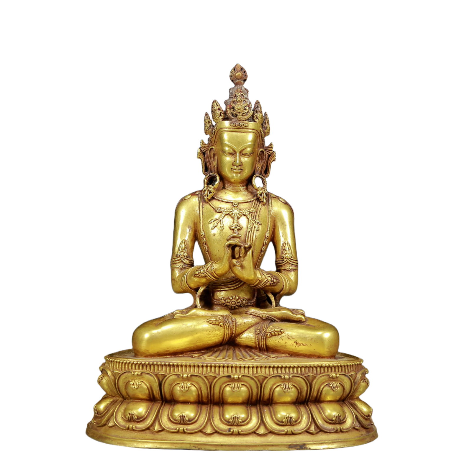 A Solemn Gilt Bronze Statue of Avalokitesvara: Estimated Value:4800-9600 A Solemn Gilt Bronze Statue of Avalokitesvara,Ming Dynasty, China,Size:6.7inx5.1inx8.7in,Weight:2130g 铜鎏金观音像，明代