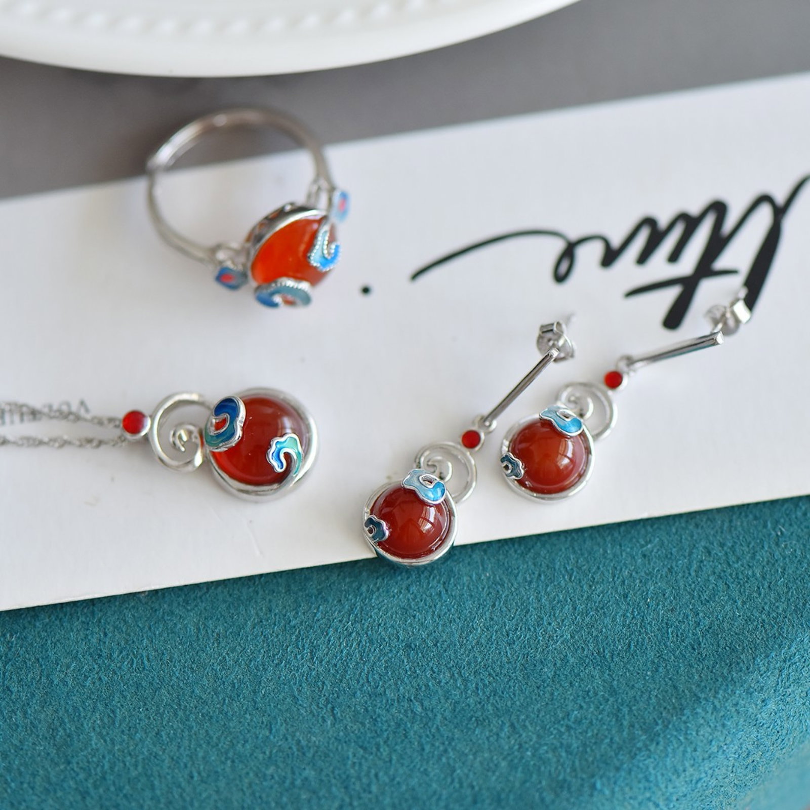 A Set of Fine Sterling Silver Inlaid Agate Jewelrys - 5