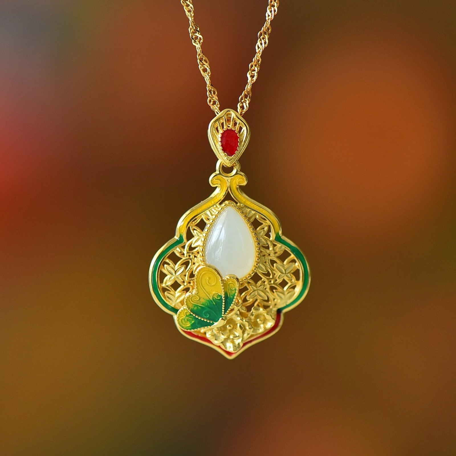 A Set of Fine Sterling Silver-Gold Plated Inlaid White Jade Jewelrys - 2