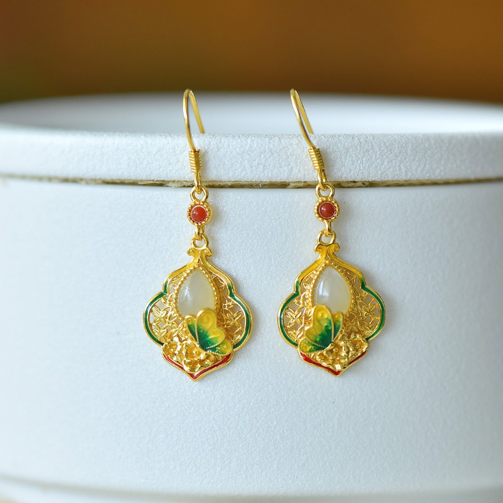 A Set of Fine Sterling Silver-Gold Plated Inlaid White Jade Jewelrys - 3