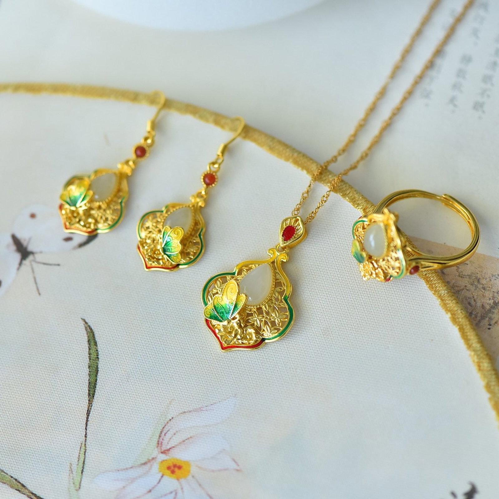 A Set of Fine Sterling Silver-Gold Plated Inlaid White Jade Jewelrys - 5