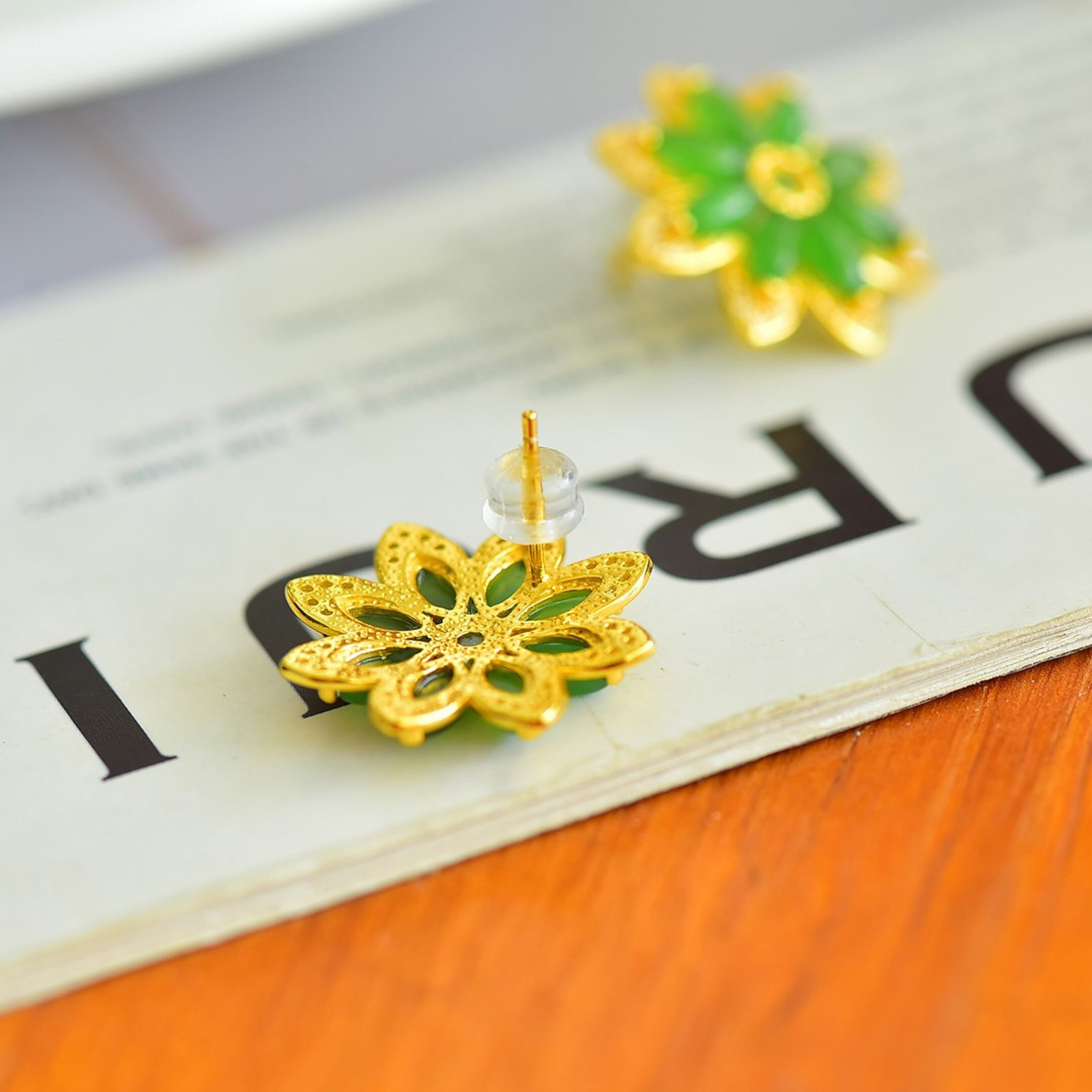 A Pair of Exquisite Sterling Silver-Gold Plated Inlaid Jasper Earring,Inlaid Diamonds - 5