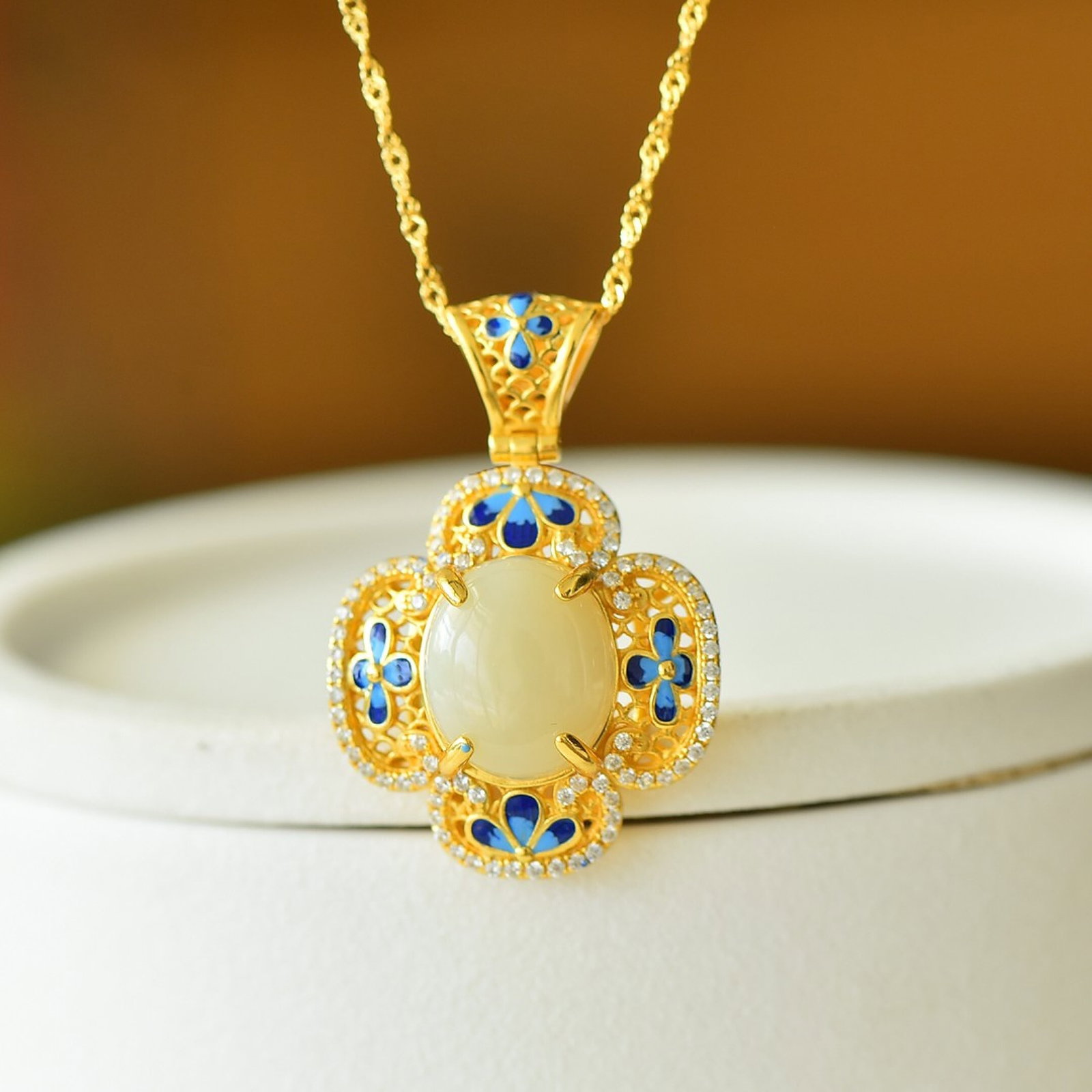 An Exquisite Sterling Silver-Gold Plated Inlaid White Jade Enamel Pendant - 2