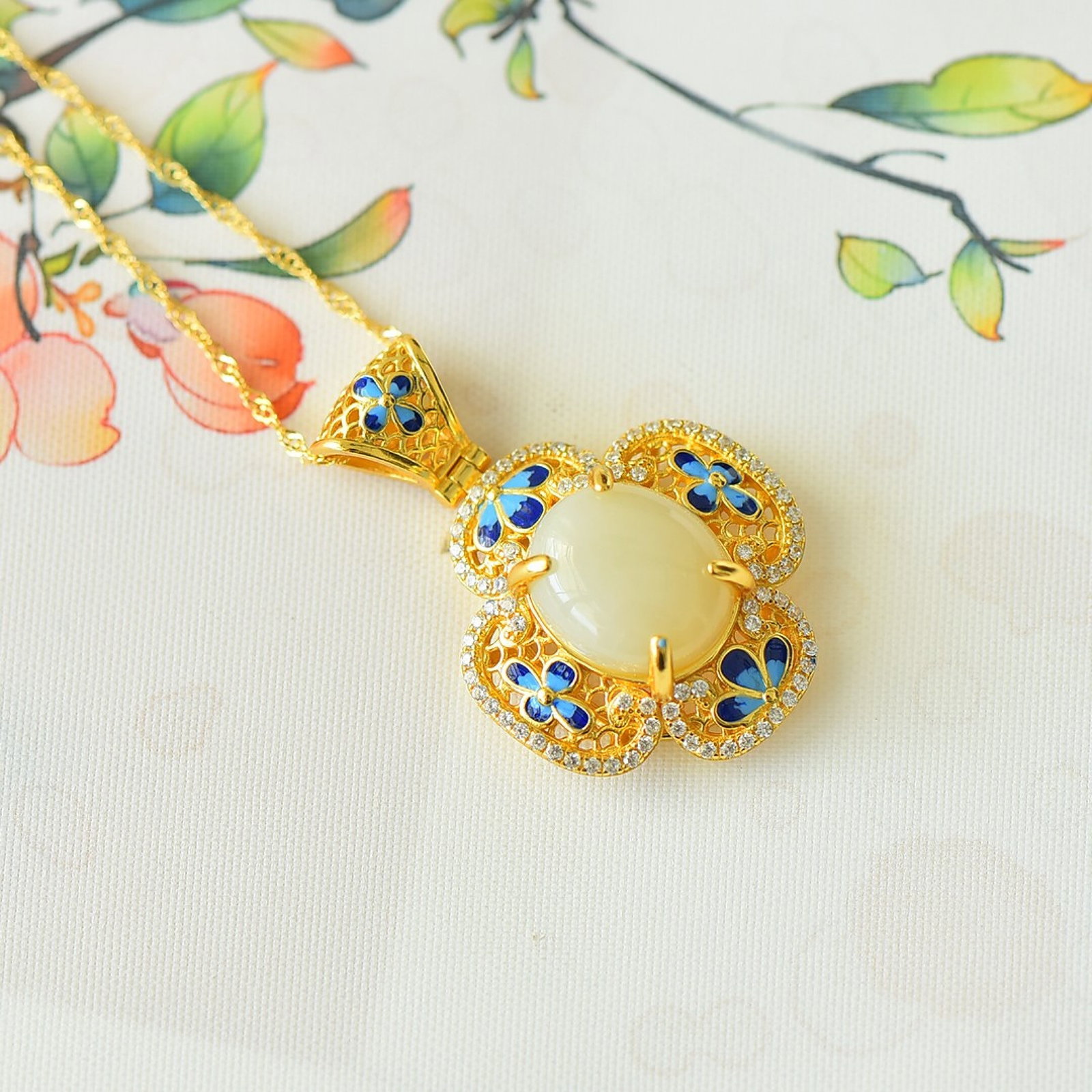 An Exquisite Sterling Silver-Gold Plated Inlaid White Jade Enamel Pendant - 3