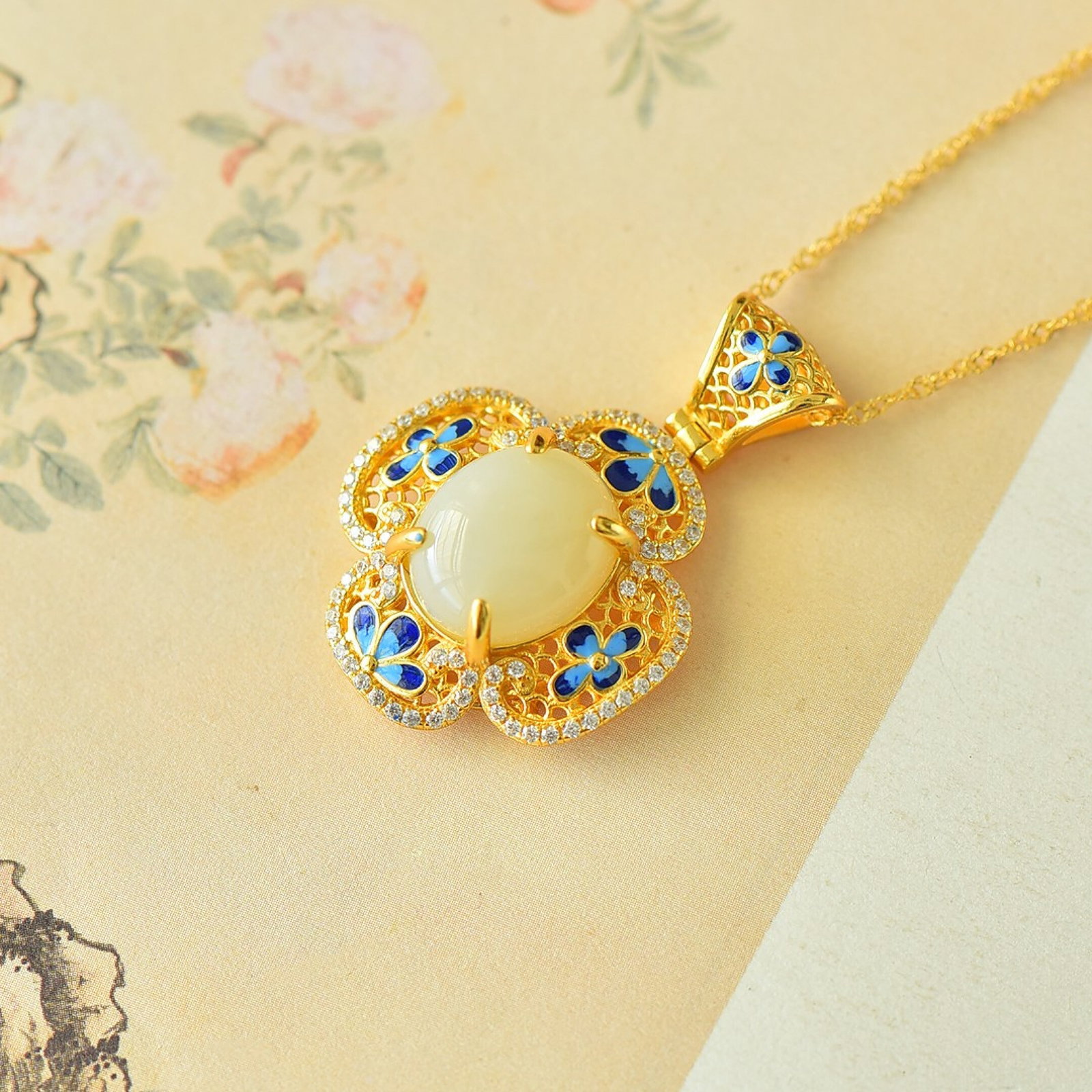 An Exquisite Sterling Silver-Gold Plated Inlaid White Jade Enamel Pendant - 4