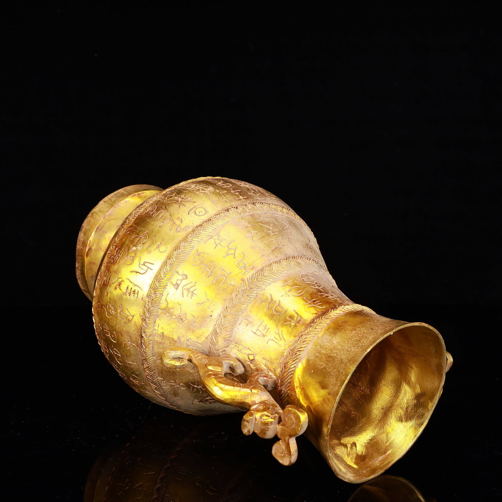 A Rare Gilt Bronze Dragon Pattern Double-Ears Vase,With Inscription - 11