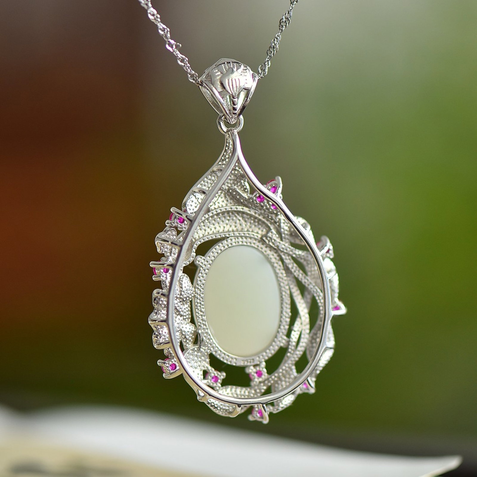 An Exquisite Sterling Silver Inlaid White Jade Pendant,Inlaid Diamond - 5