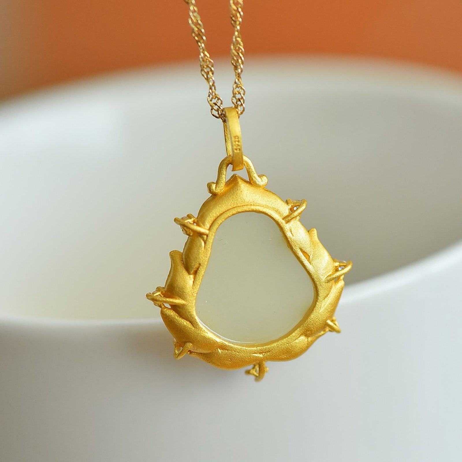 An Exquisite Sterling Silver-Gold Plated Inlaid White Jade Pendant , Inlaid Diamond - 5