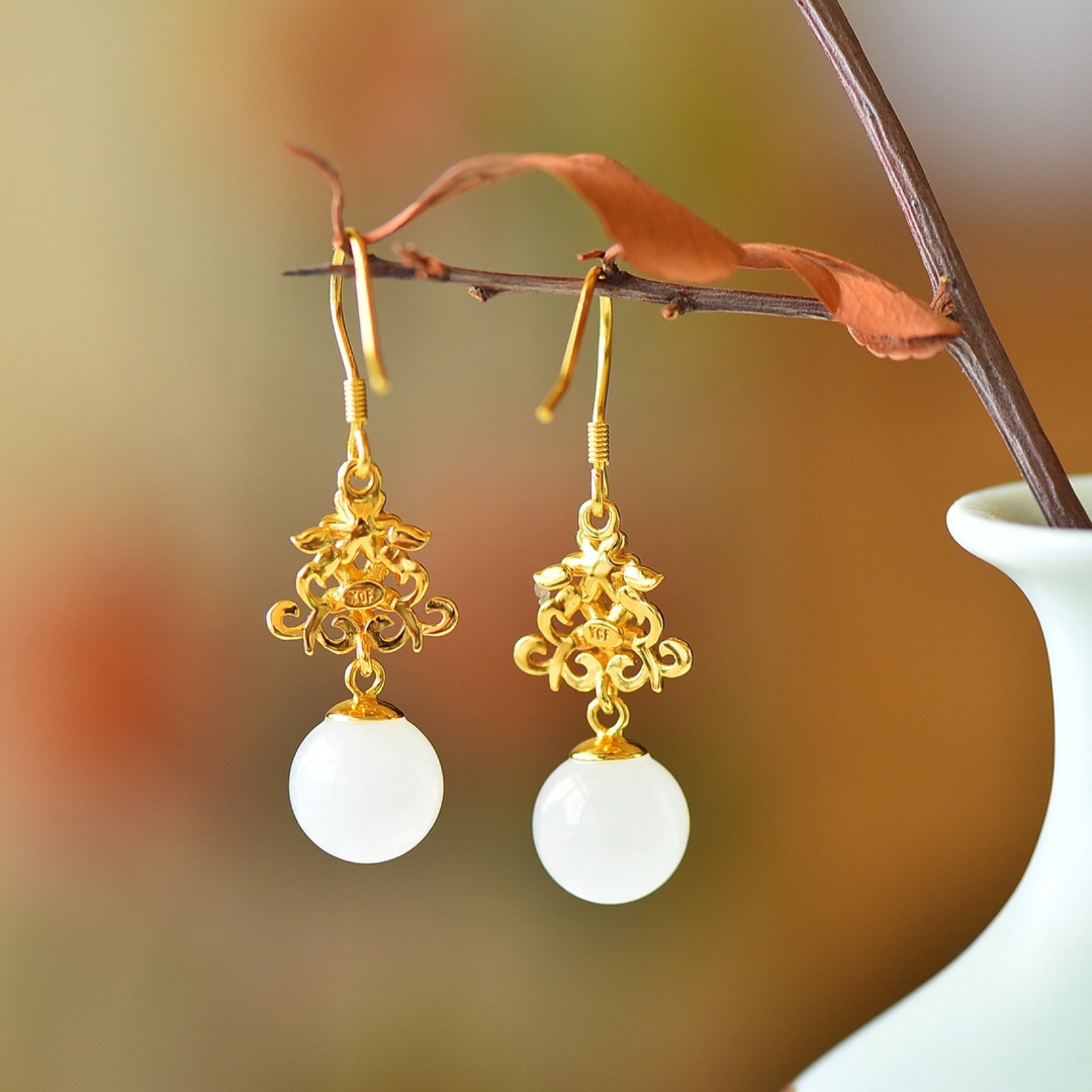 A Pair of Exquisite Sterling Silver-Gold Plated Inlaid White Jade Enamel Earrings - 5