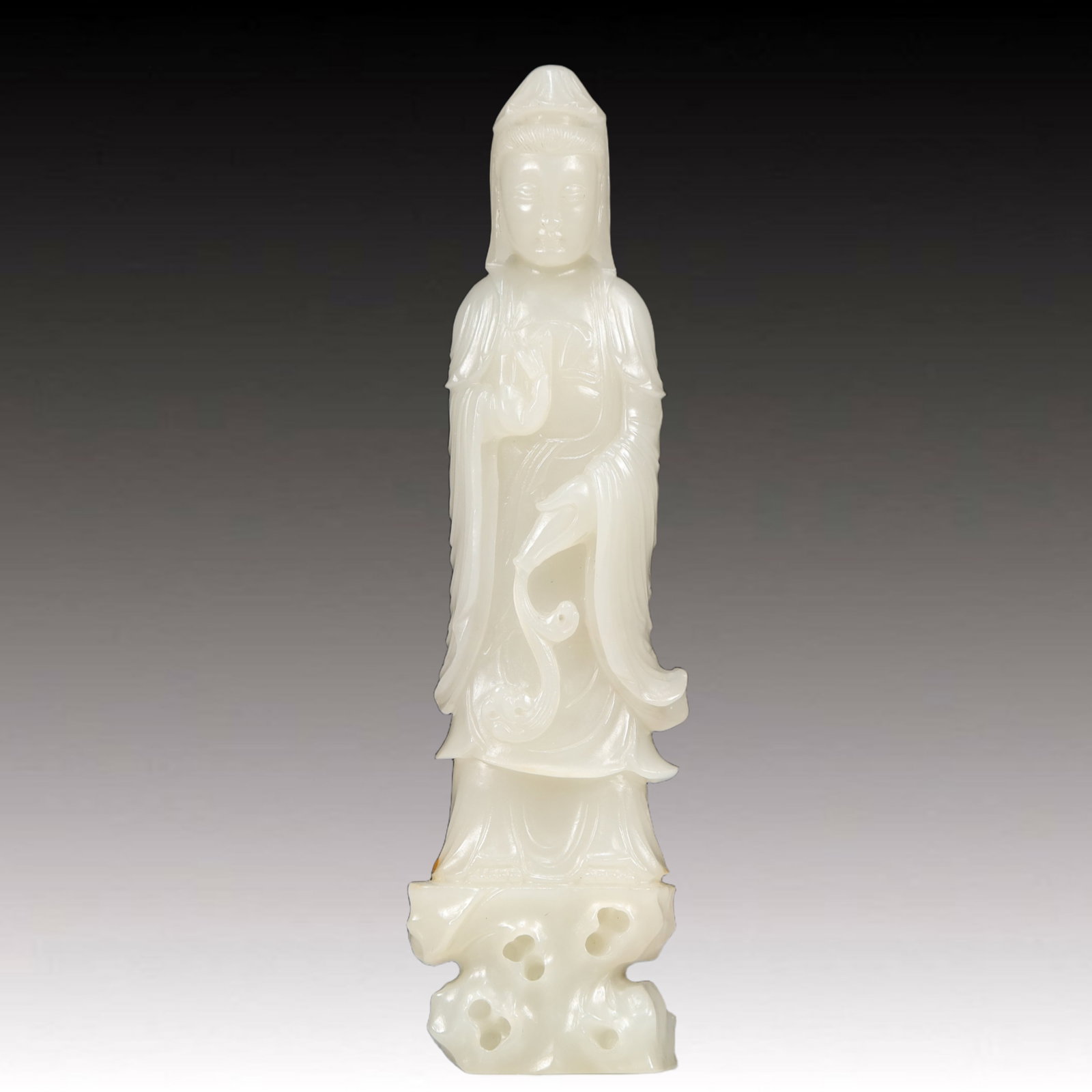 An Exquisite White Jade Statue of Avalokitesvara: Estimated Value:8000-16000 An Exquisite White Jade Statue of Avalokitesvara,Qing Dynasty, China,Size:2inx1.2inx6.5in,Weight:300g